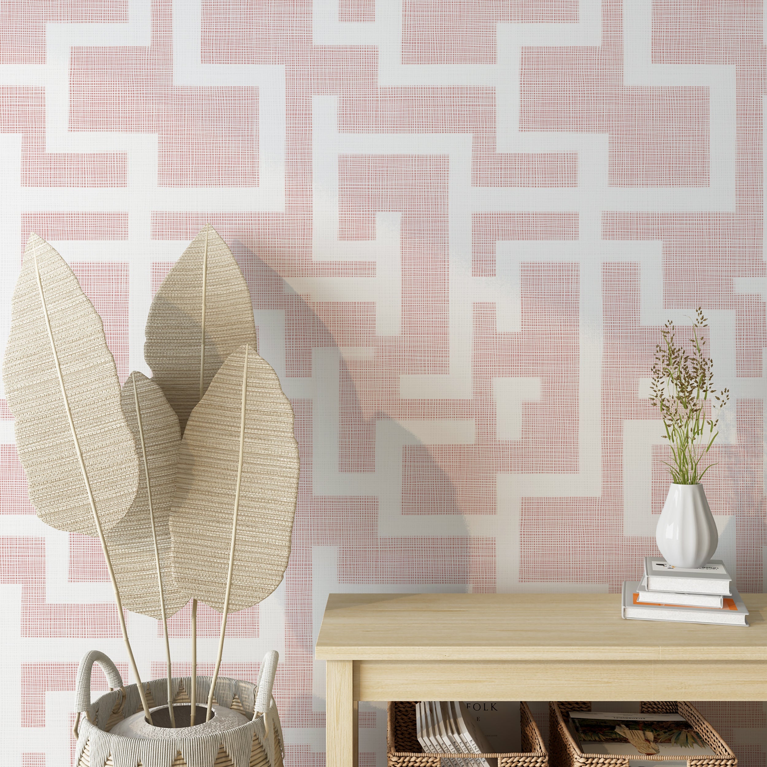 Easy-to-remove wallpaper for clean, geometric decor
Light pink wallpaper with Greek-inspired line pattern