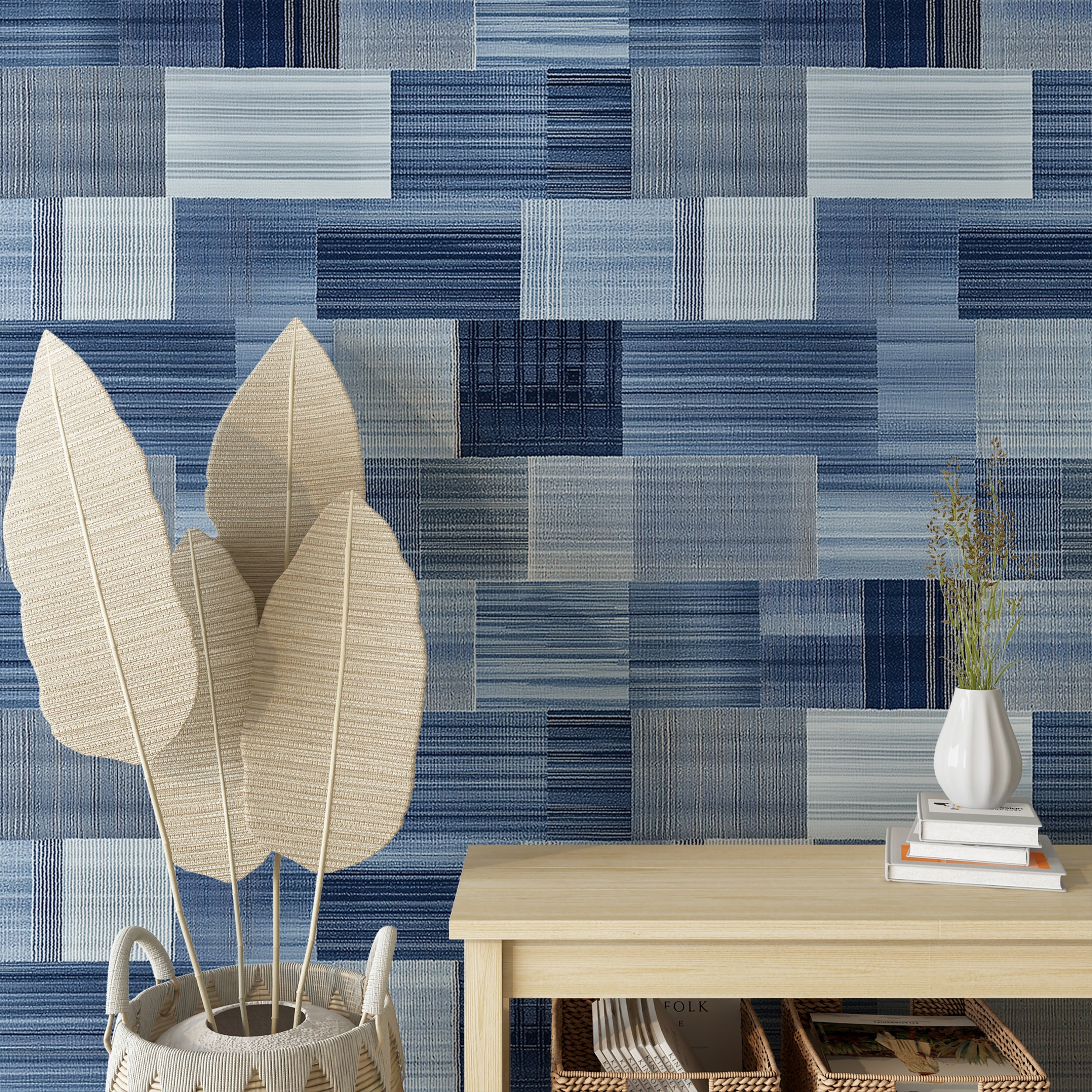 Easy-to-remove wallpaper for modern accent wall decor
Geometric blue wallpaper suited for office or bedroom walls