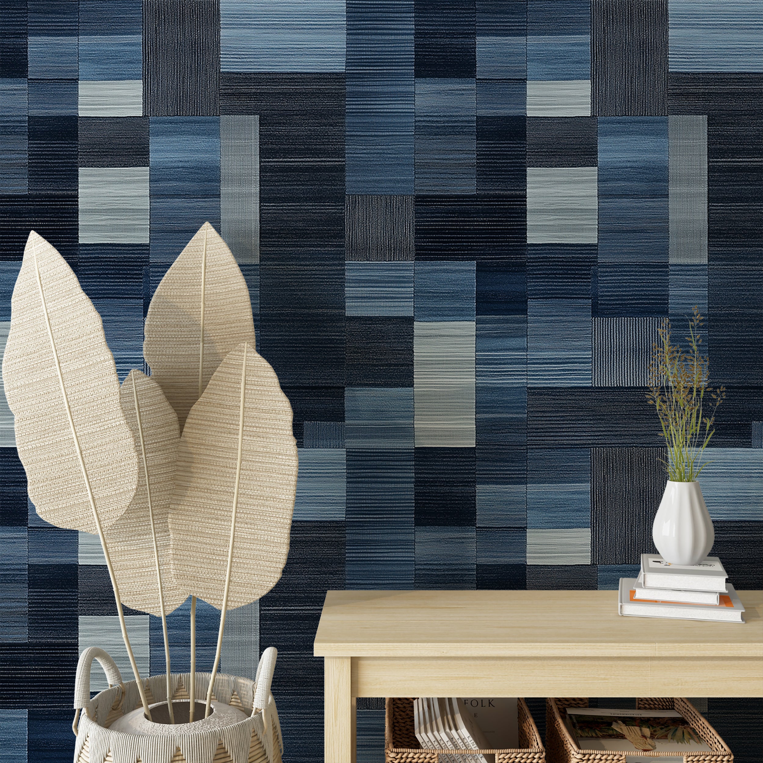 Dark Blue and Grey Squares Contemporary Wallpaper, Peel and Stick Geometric Scandinavian Wallpaper