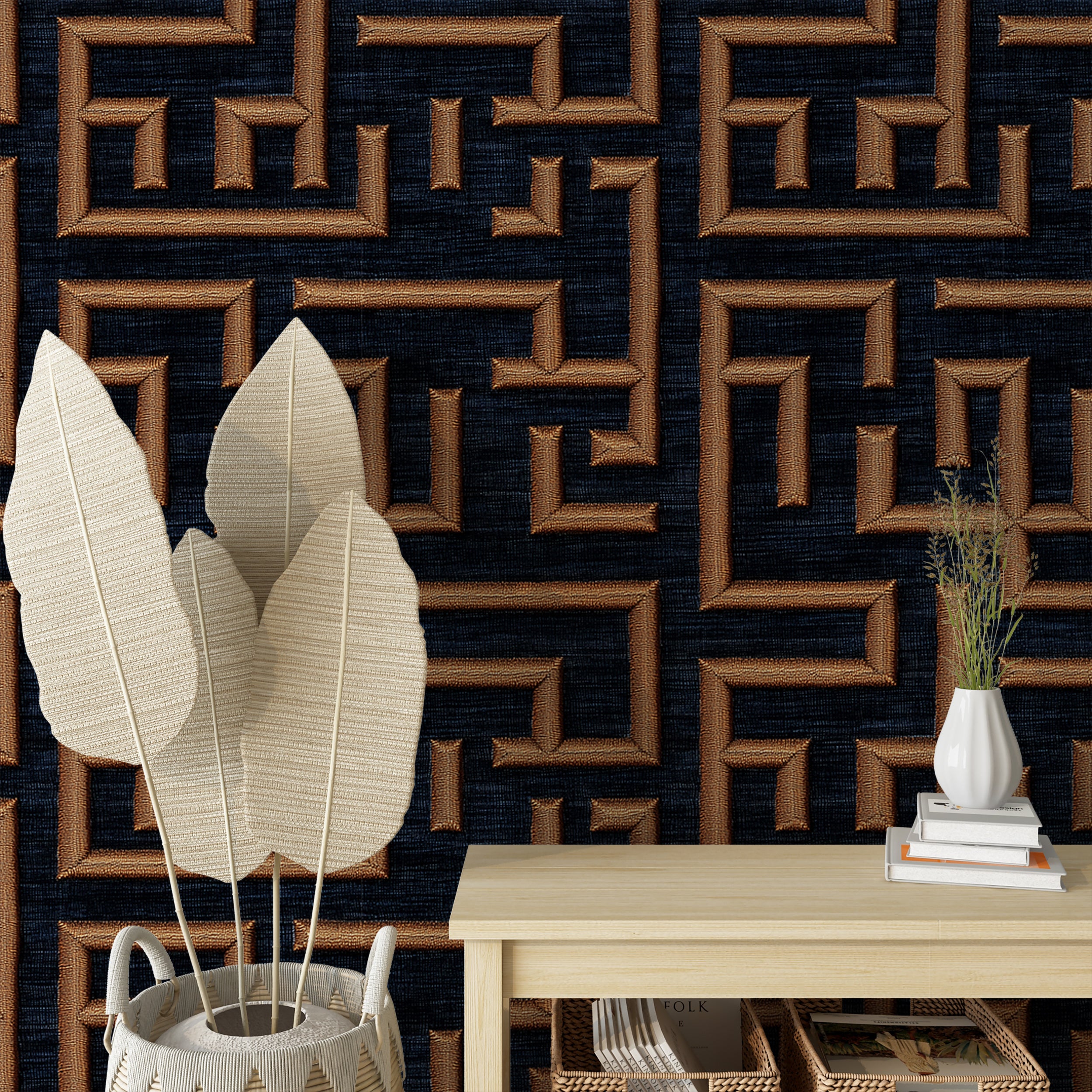 Navy Blue and Gold Key Pattern Wallpaper, Peel and Stick Dark Geometrical Wallpaper