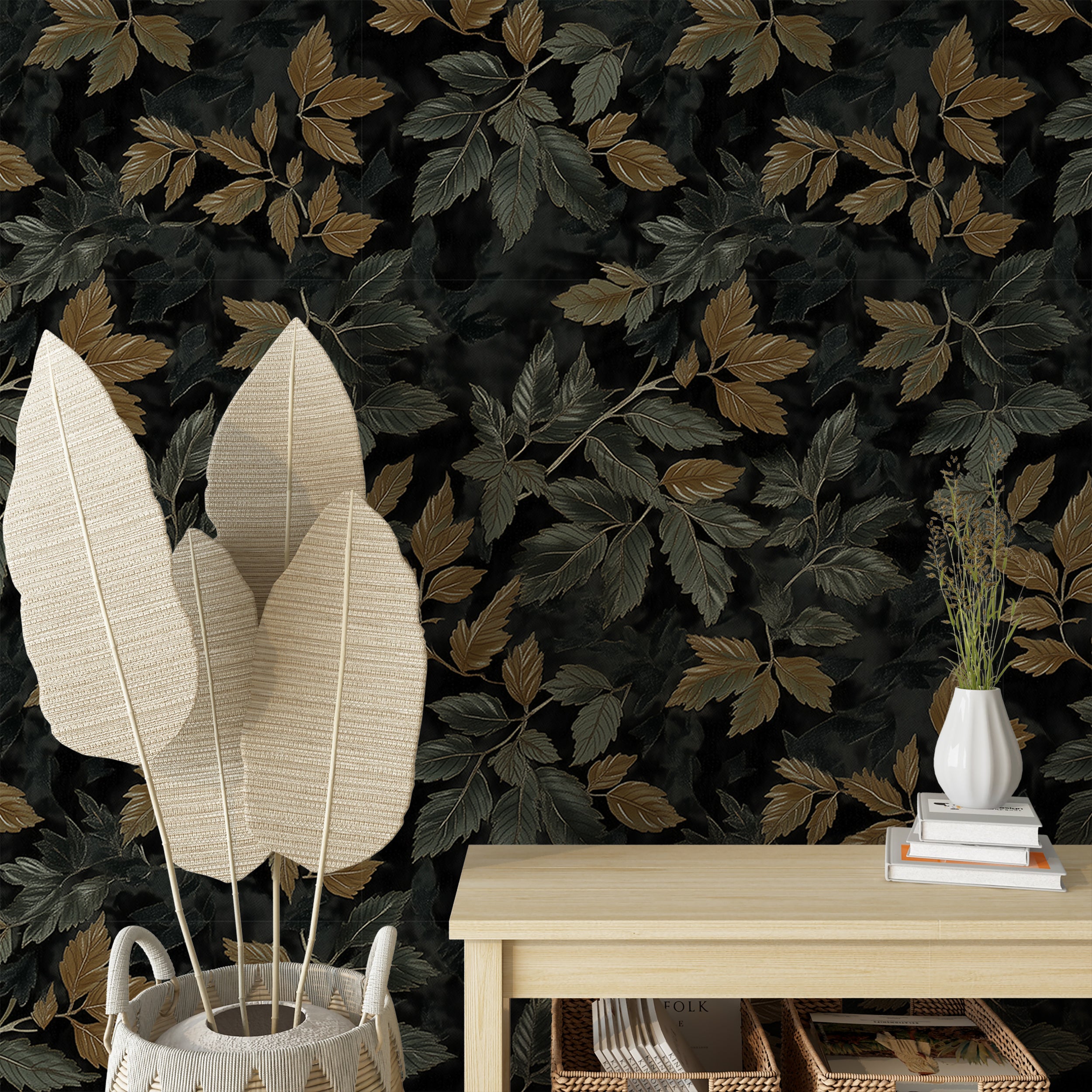 Peel and stick wallpaper with deep green forest elements
Nature-inspired wallpaper for classic and modern homes