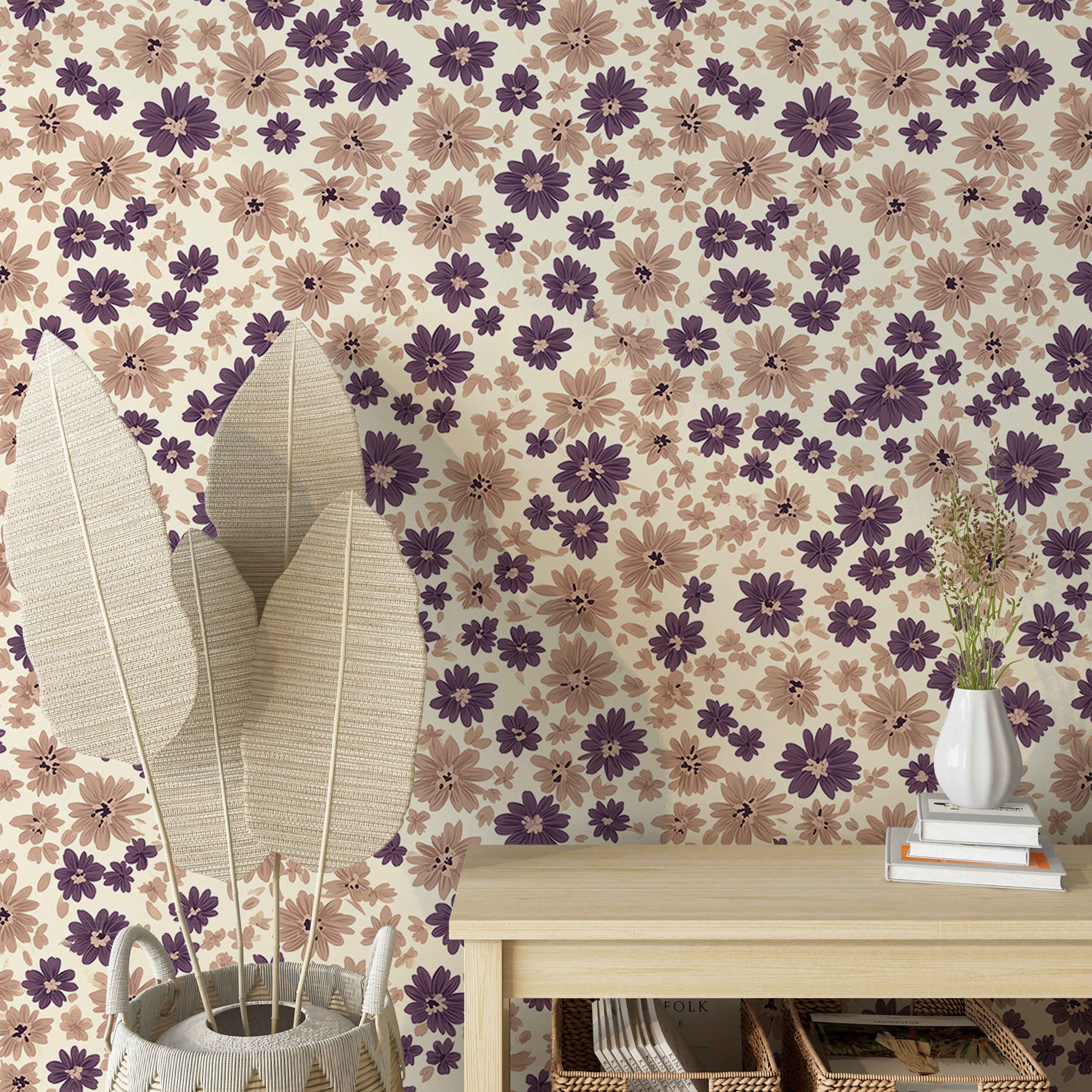 Peel and stick wallpaper with small flower pattern
Elegant beige and purple wallpaper for serene spaces