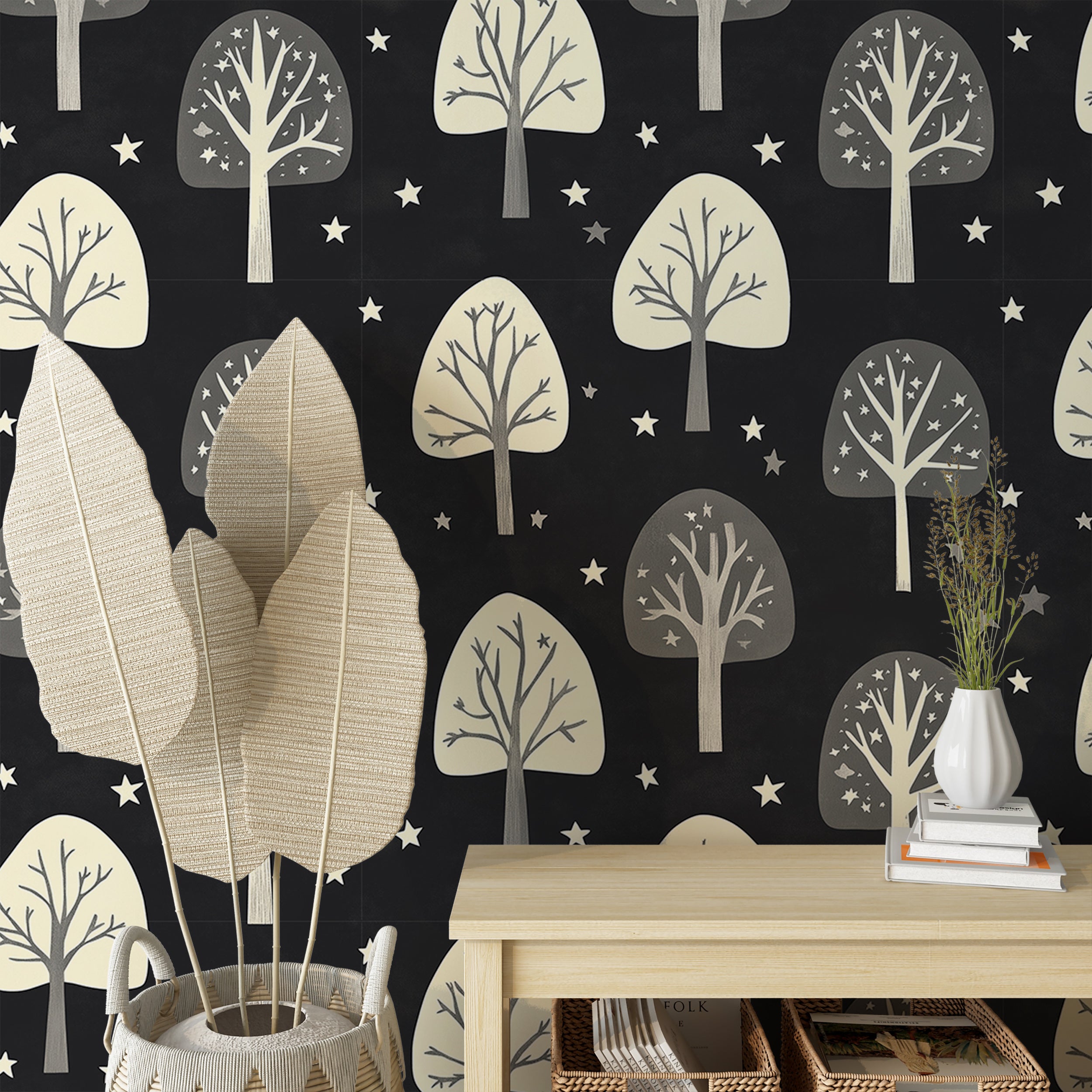 Beige trees wallpaper for tranquil bedroom decor
Dark wallpaper with beige and star accents for cozy interiors