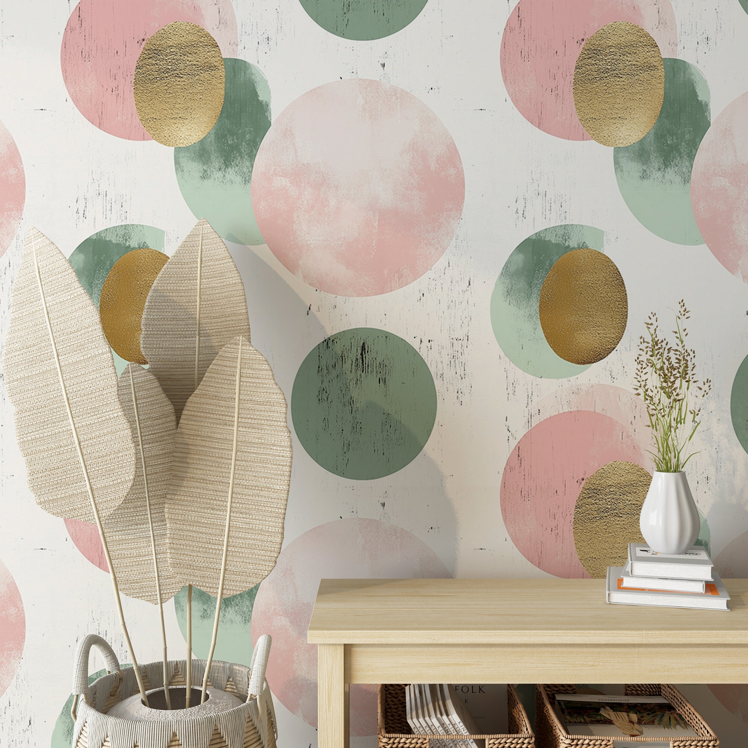 Modern wallpaper with pink and green large dots design
Peel and stick circle pattern wallpaper for retro spaces