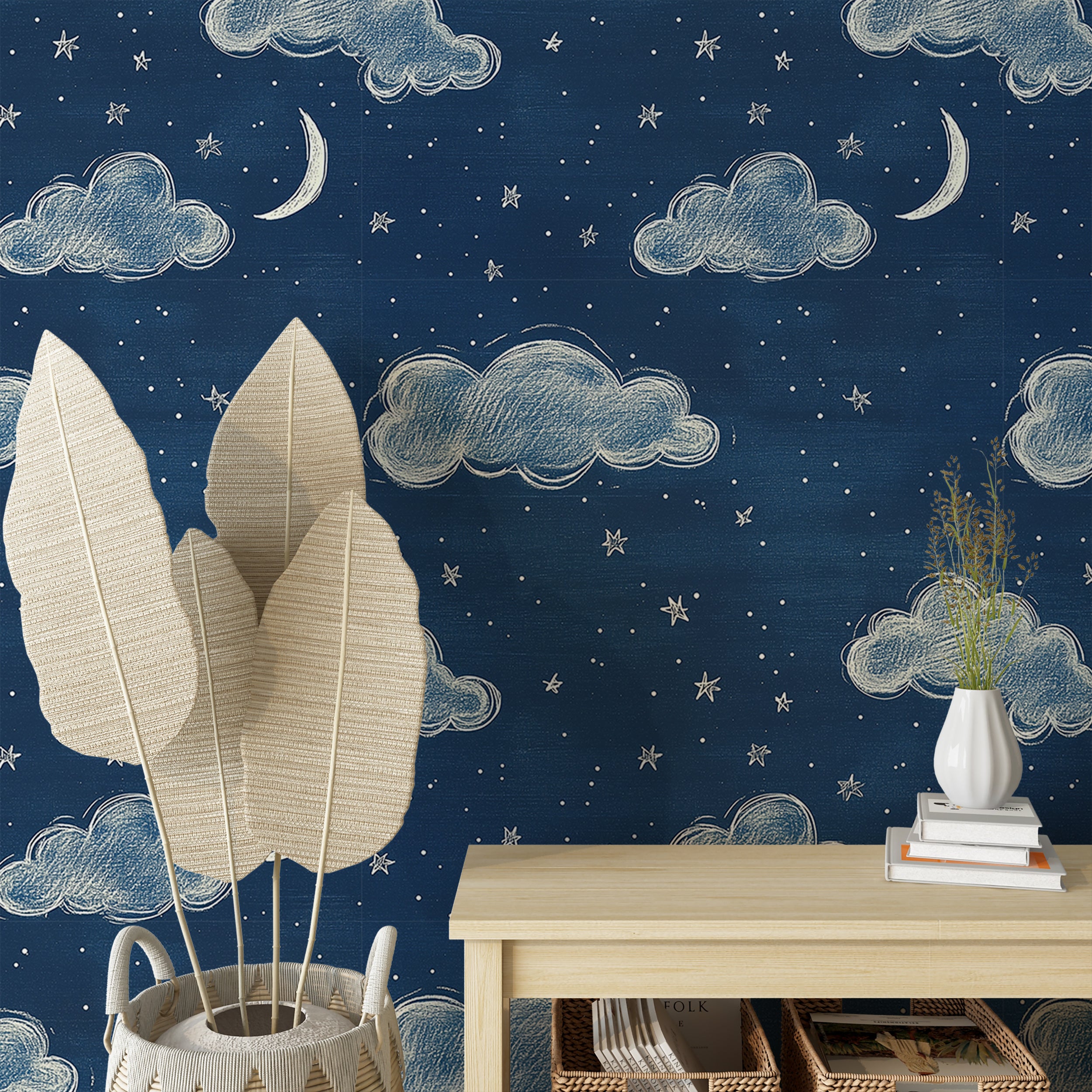 Cloud and star wallpaper for dreamy nursery decor
Dark blue wallpaper with clouds and stars for kids' spaces