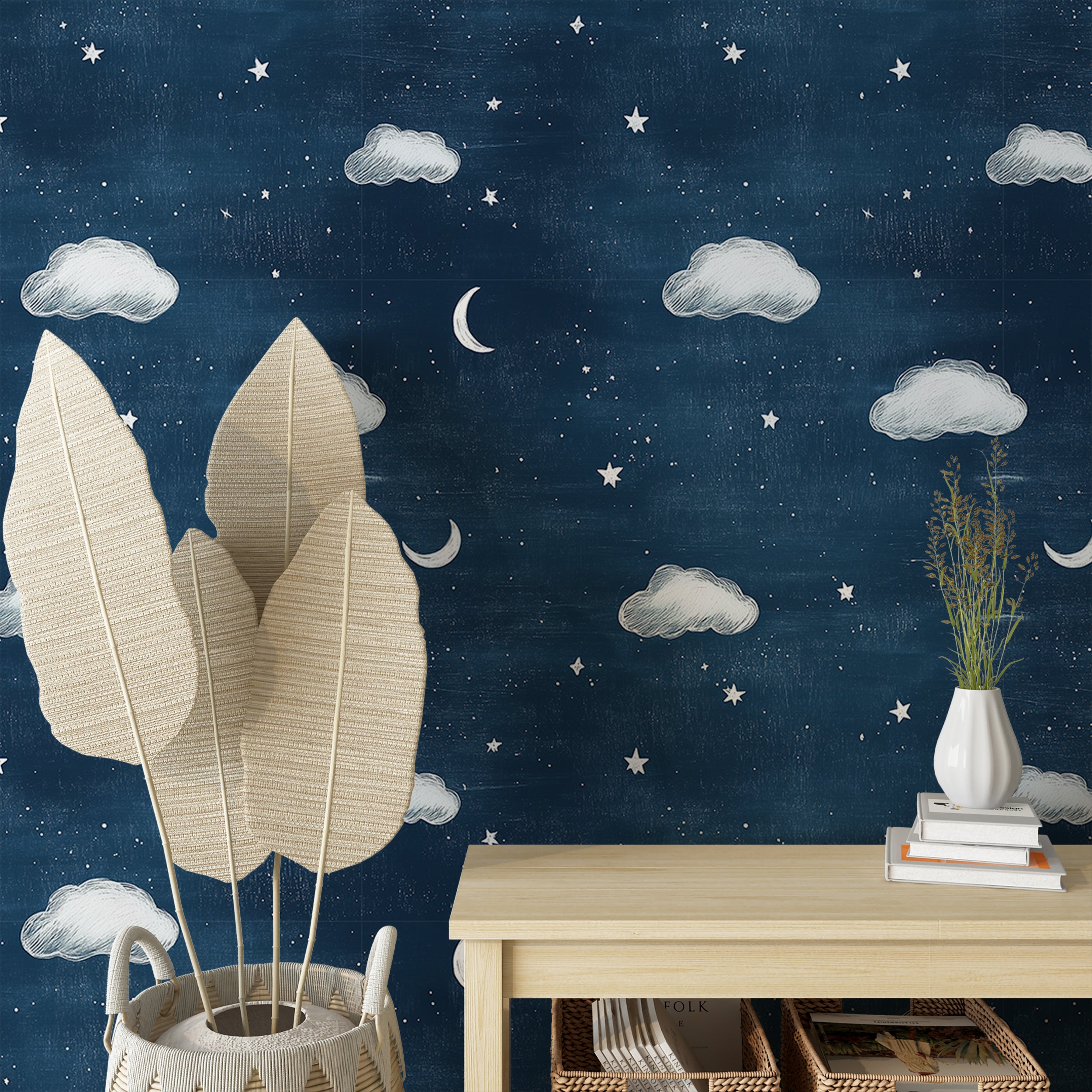 Nursery dark blue stars and clouds wallpaper for celestial decor
Peel and stick starry night wallpaper for kids' rooms