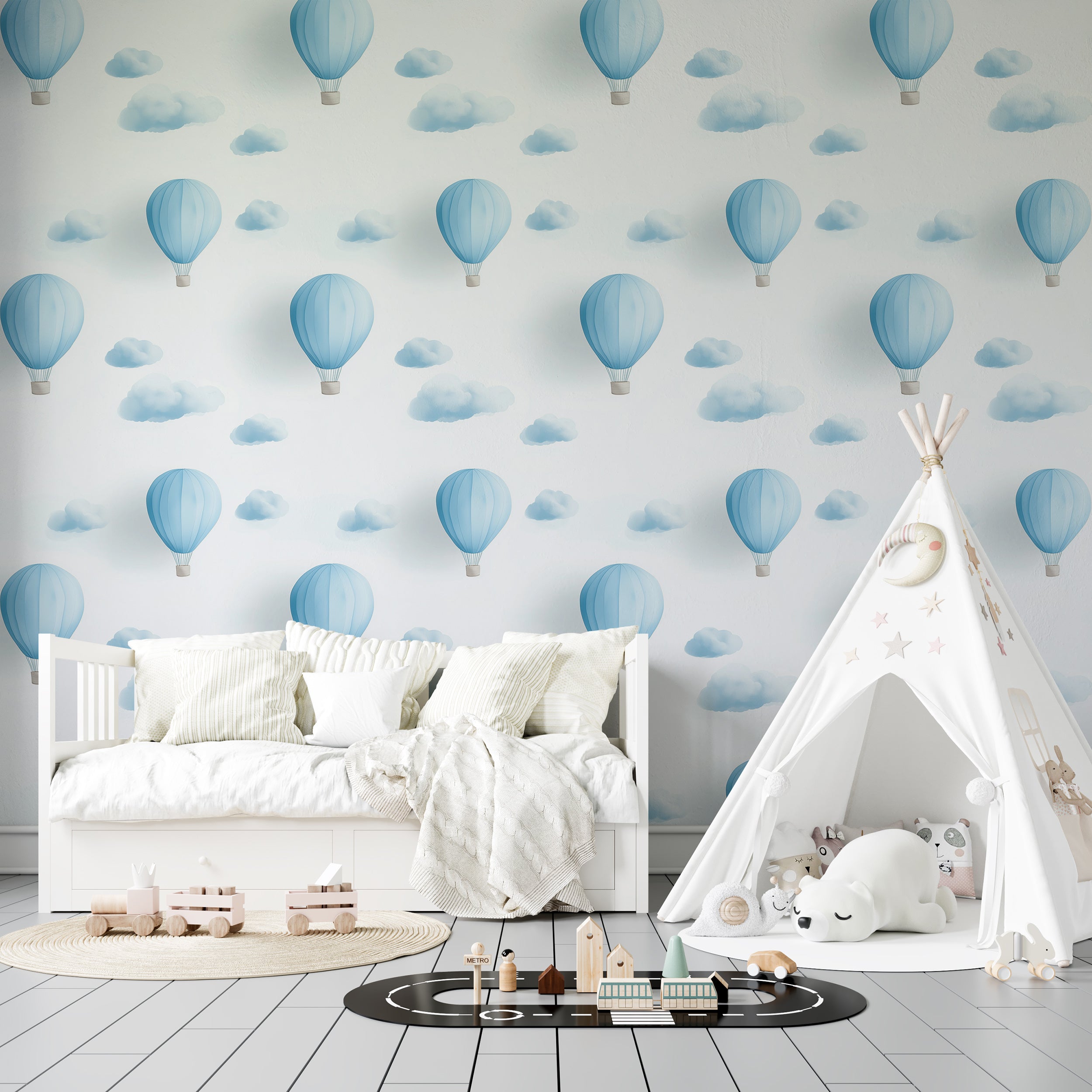 Blue and white hot air balloons wallpaper for nursery decor
Peel and stick 3D wall decor with clouds and balloons