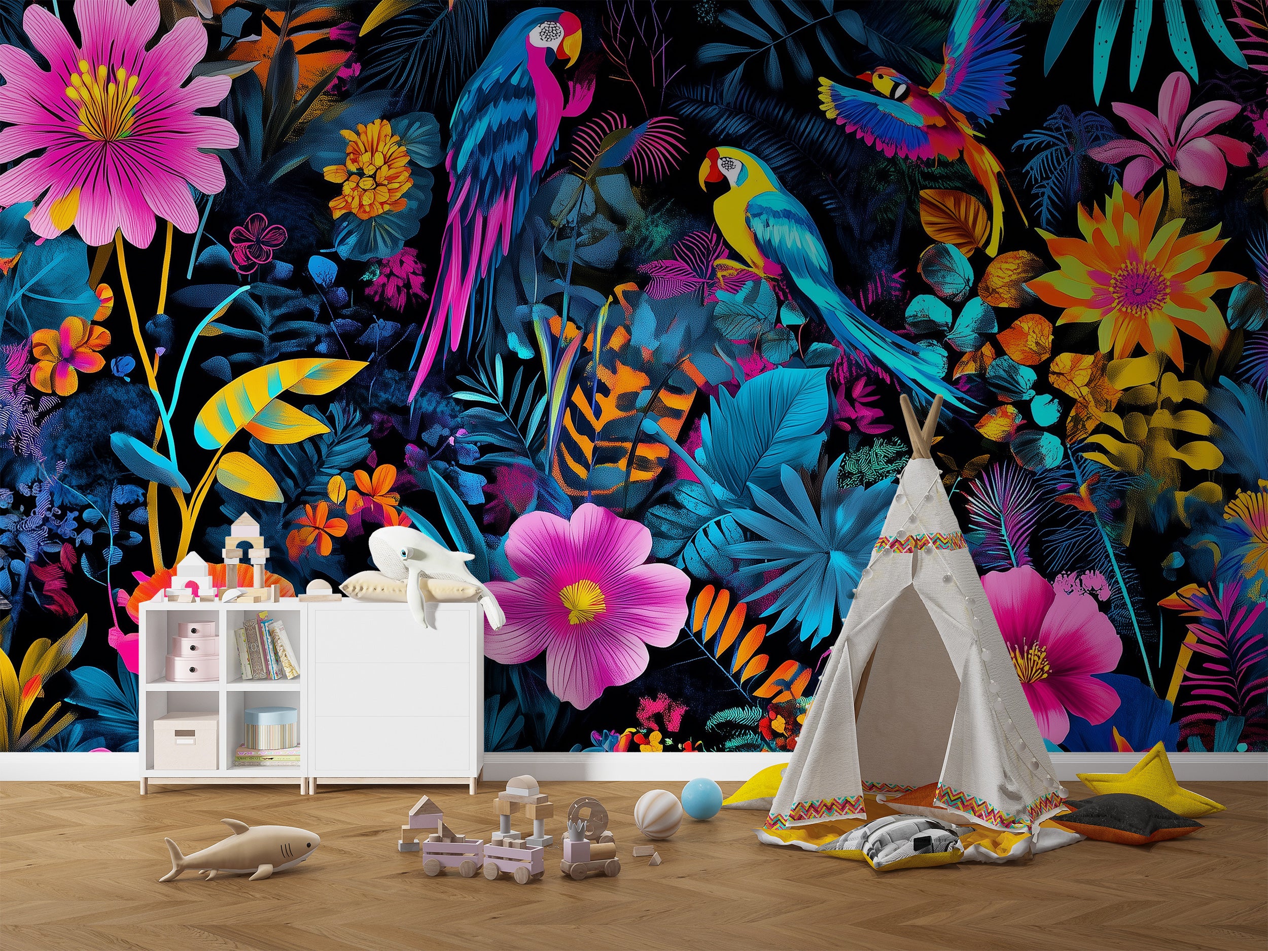 Removable tropical rainforest wall mural.
Exotic birds and neon flowers peel-and-stick wallpaper.