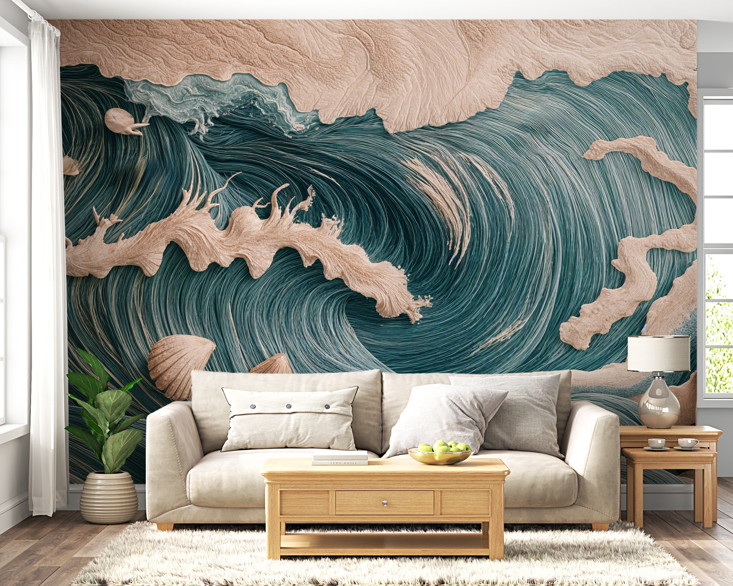 Ocean-inspired accent wall mural in fluid design.
Calming ocean wave art peel-and-stick wallpaper.