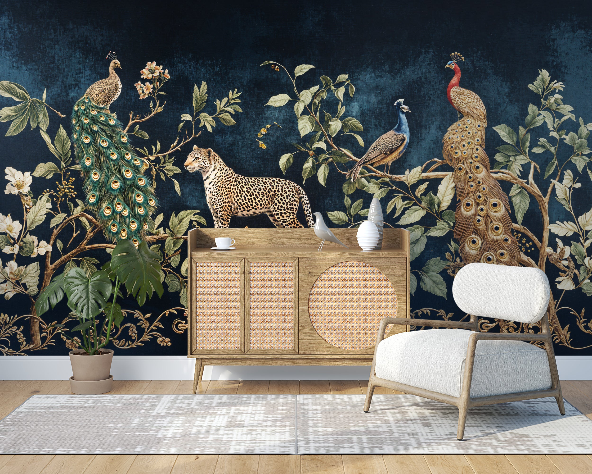 Dark-themed chinoiserie mural for sophisticated interiors.
Oriental-style peel-and-stick wall decor with animals.