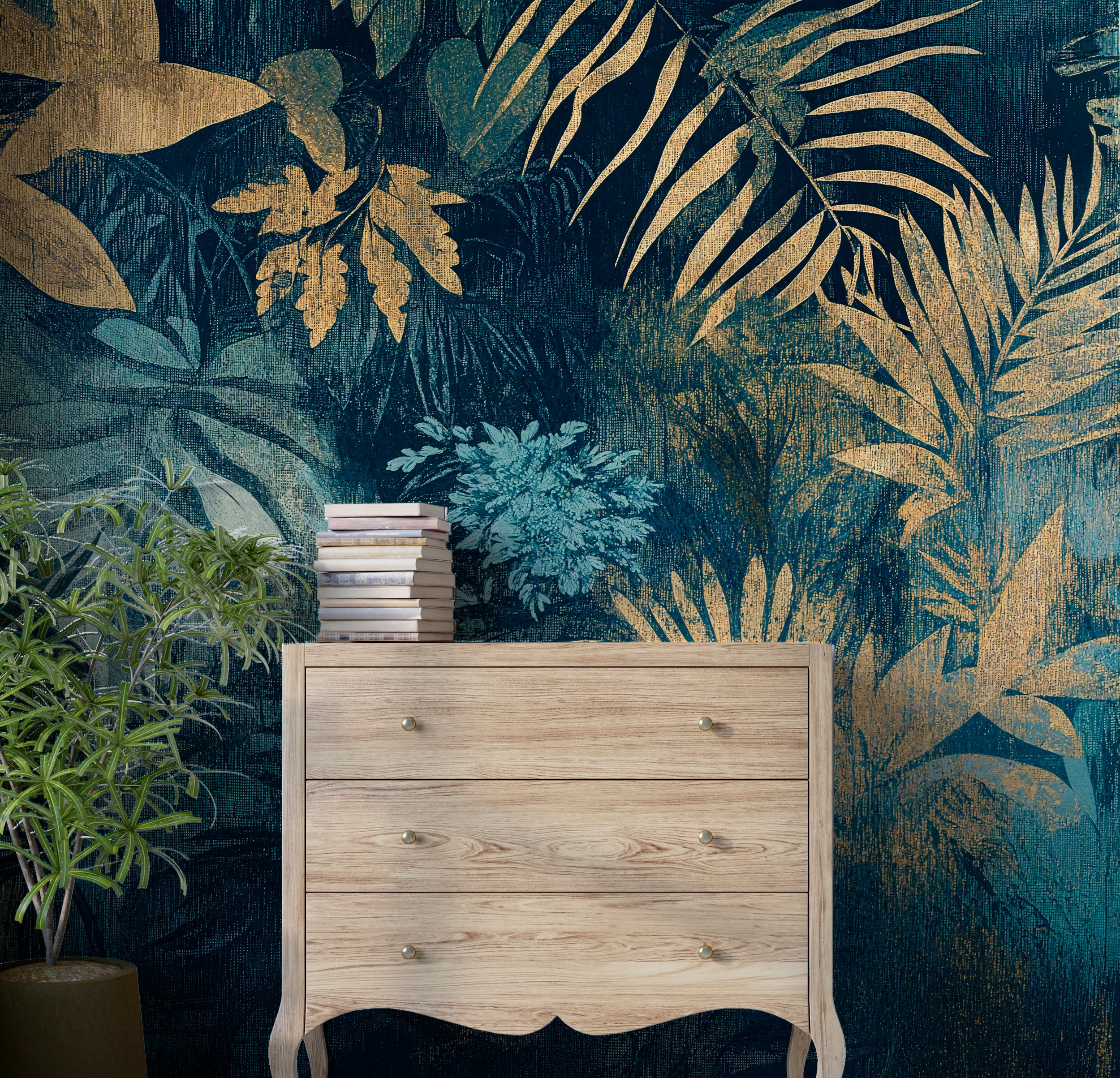 Sophisticated dark jungle wall decor for homes.
Peel-and-stick antique botanical art wallpaper.