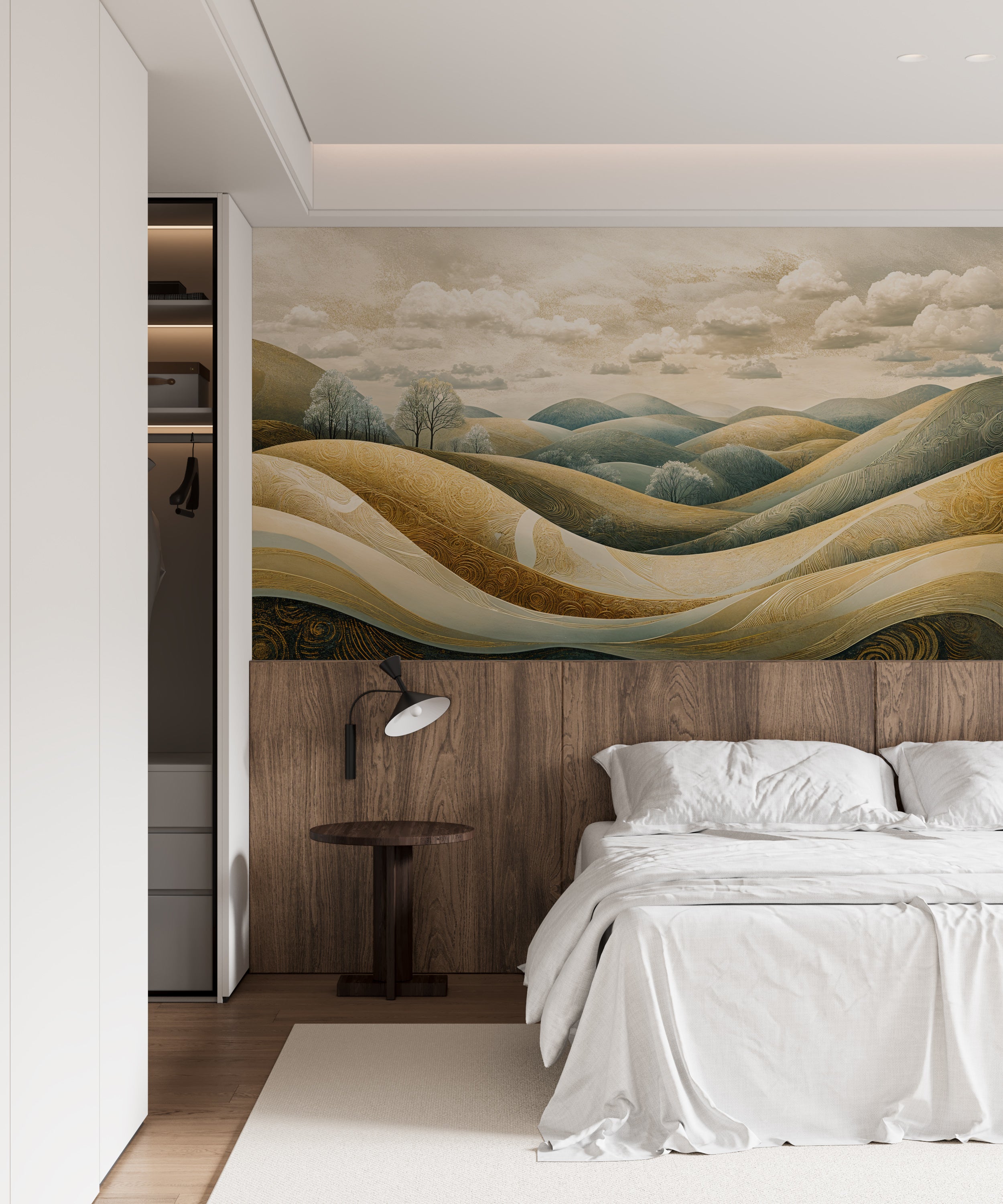 Elegant beige and green meadow mural for homes.
Scenic pastoral wallpaper with soft natural hues.