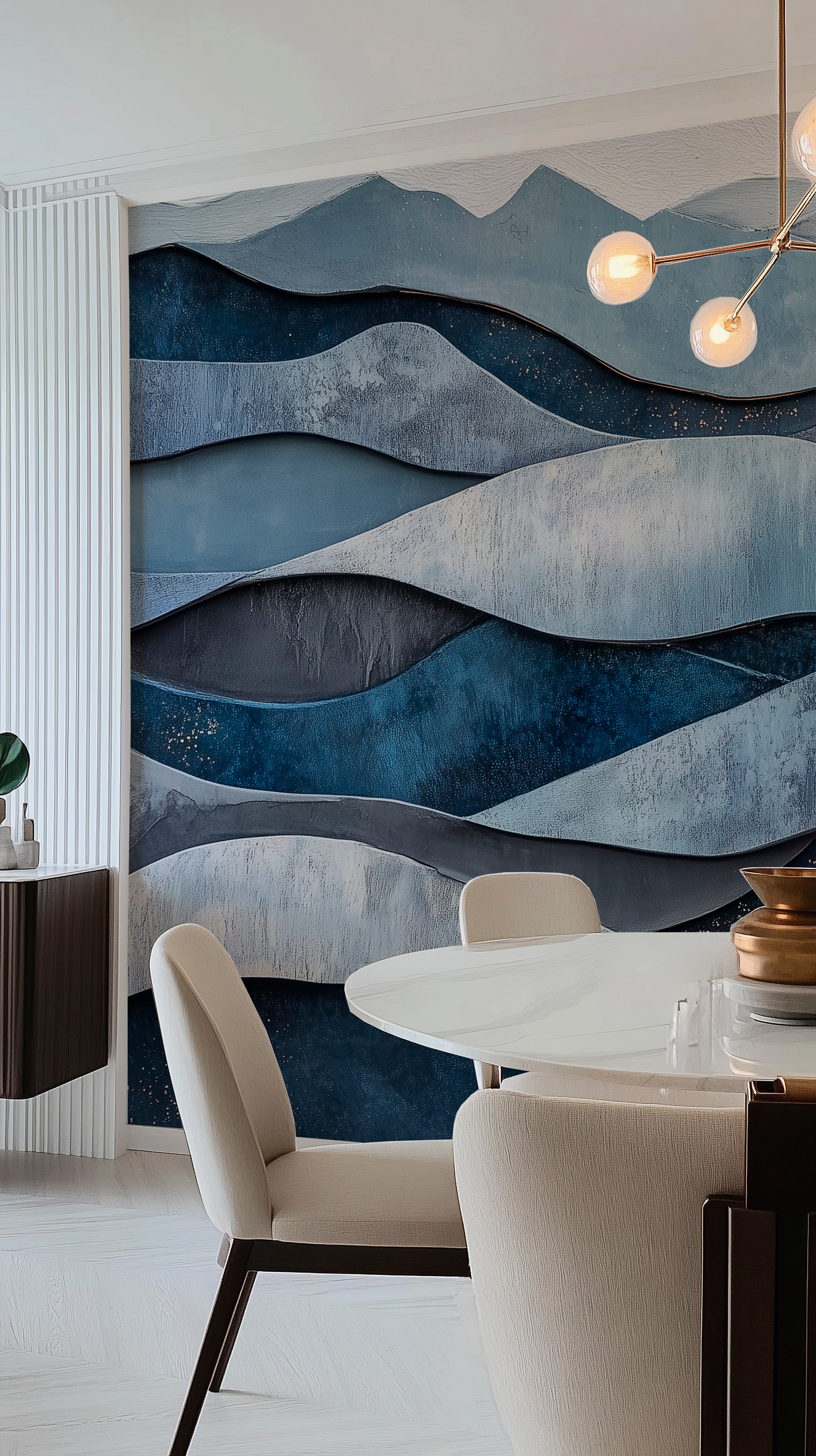 Geometric modern wall mural with curved shapes.
Sophisticated peel-and-stick blue wave wallpaper.