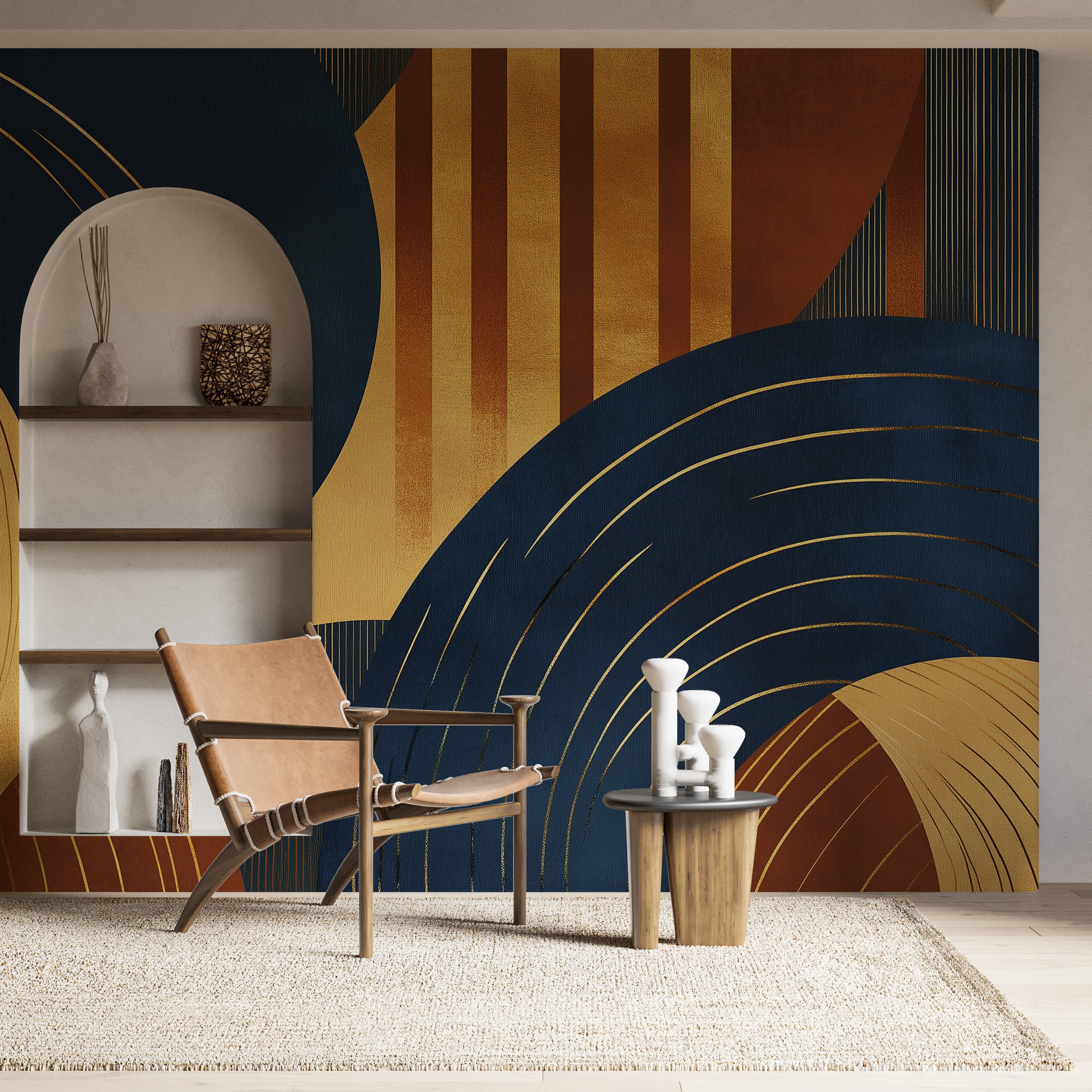 Removable bold shapes wallpaper in artistic style.
Retro-style blue and gold accent wall decor.