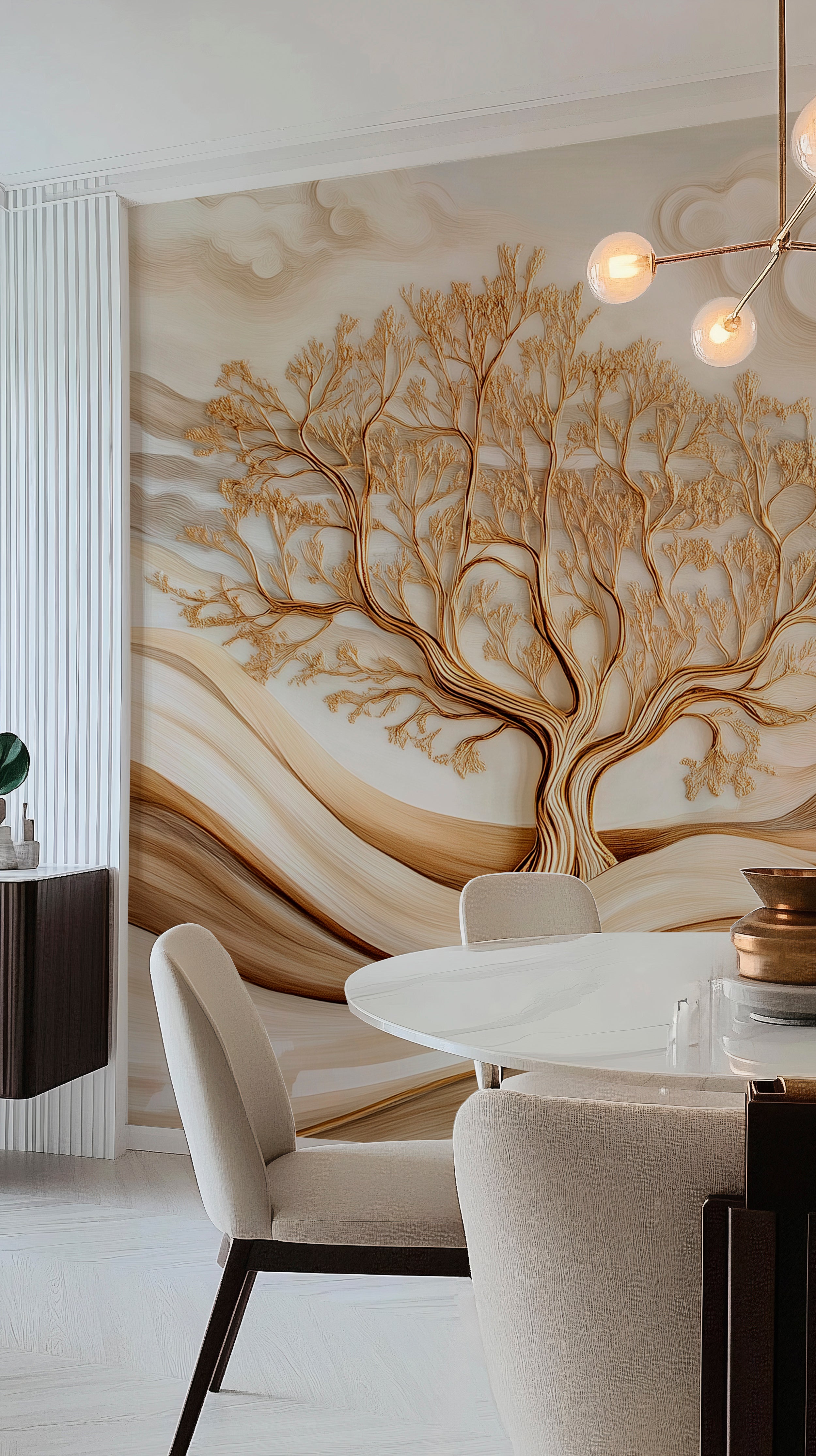 Beige and white abstract field mural with golden tree.
Peel-and-stick neutral-toned wavy lines wallpaper.