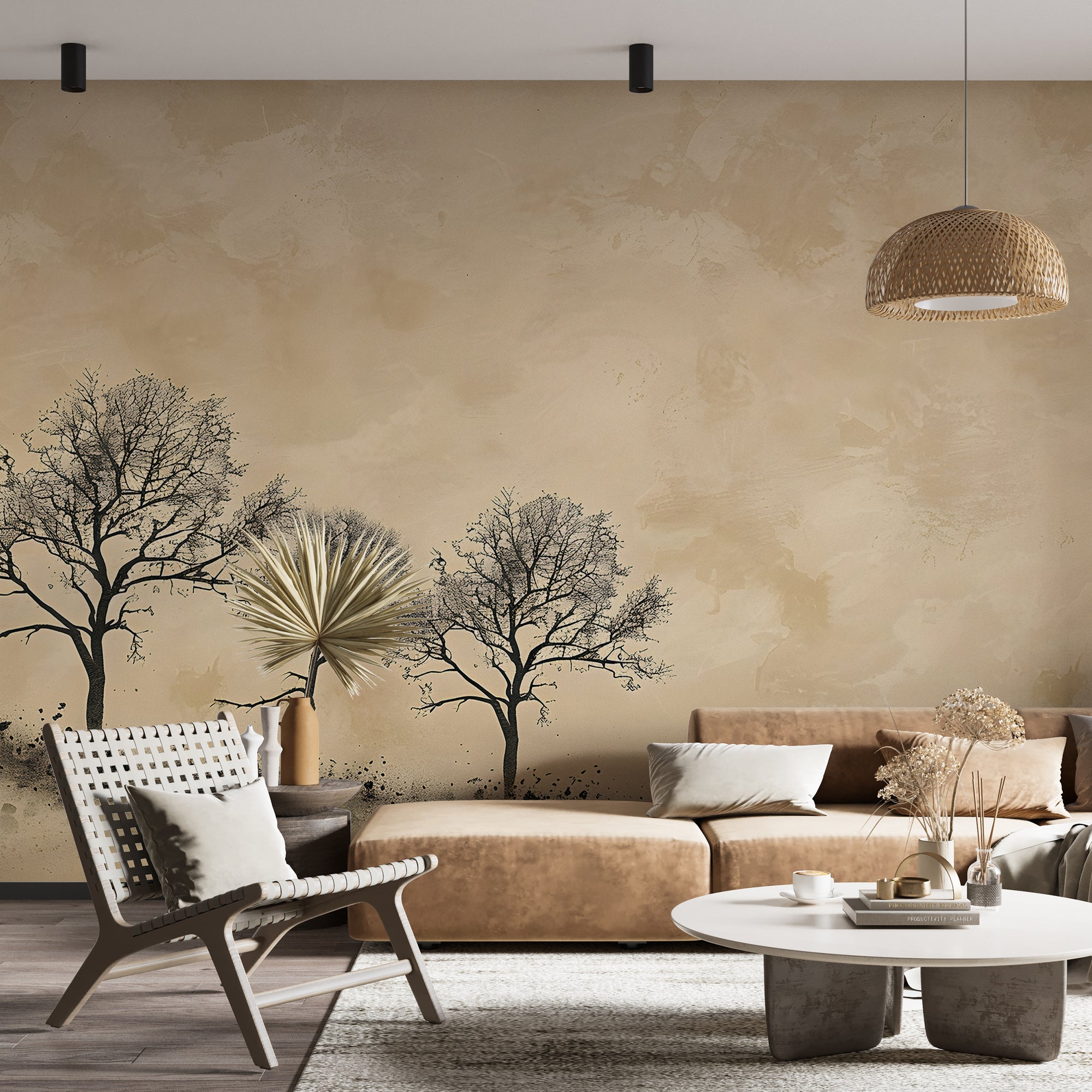 Trees on Beige Background Mural - Beige Decorative Plaster Wallpaper