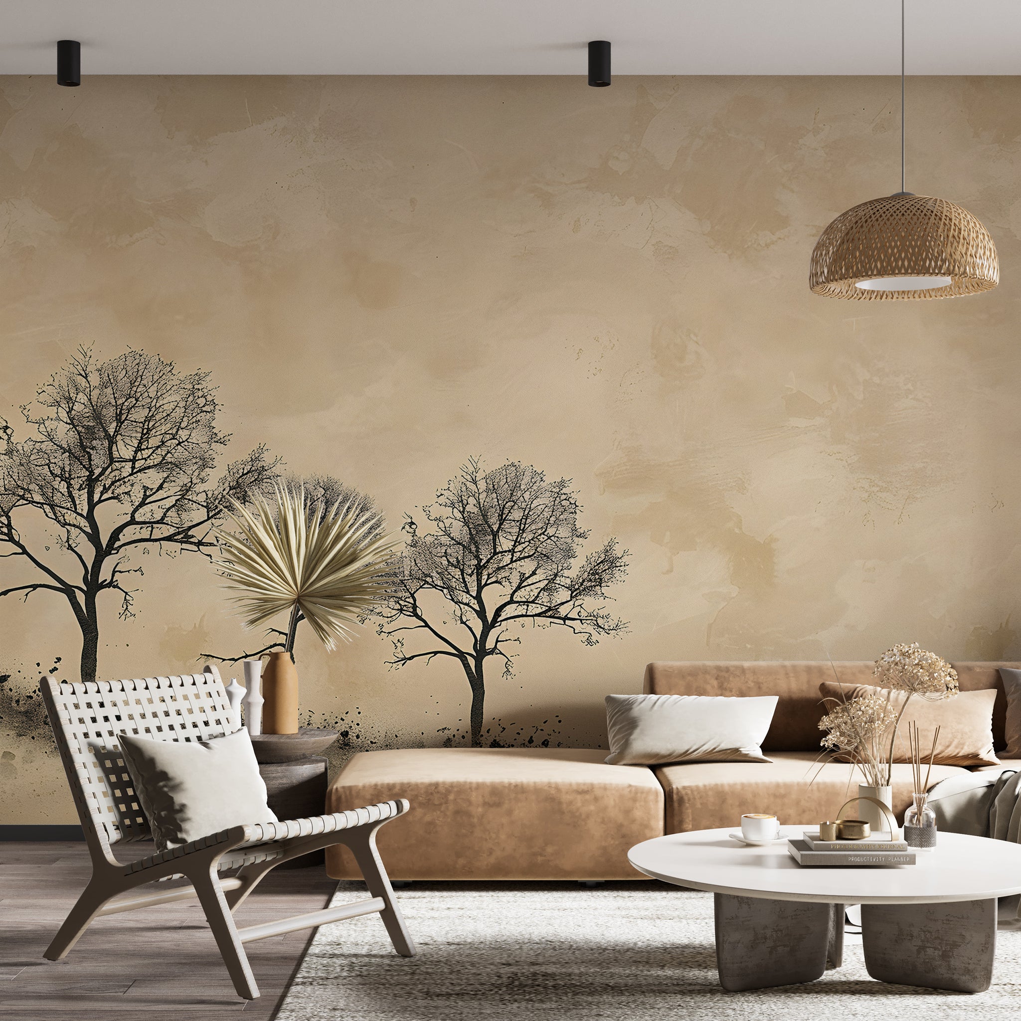 Trees on Beige Background Mural - Beige Decorative Plaster Wallpaper