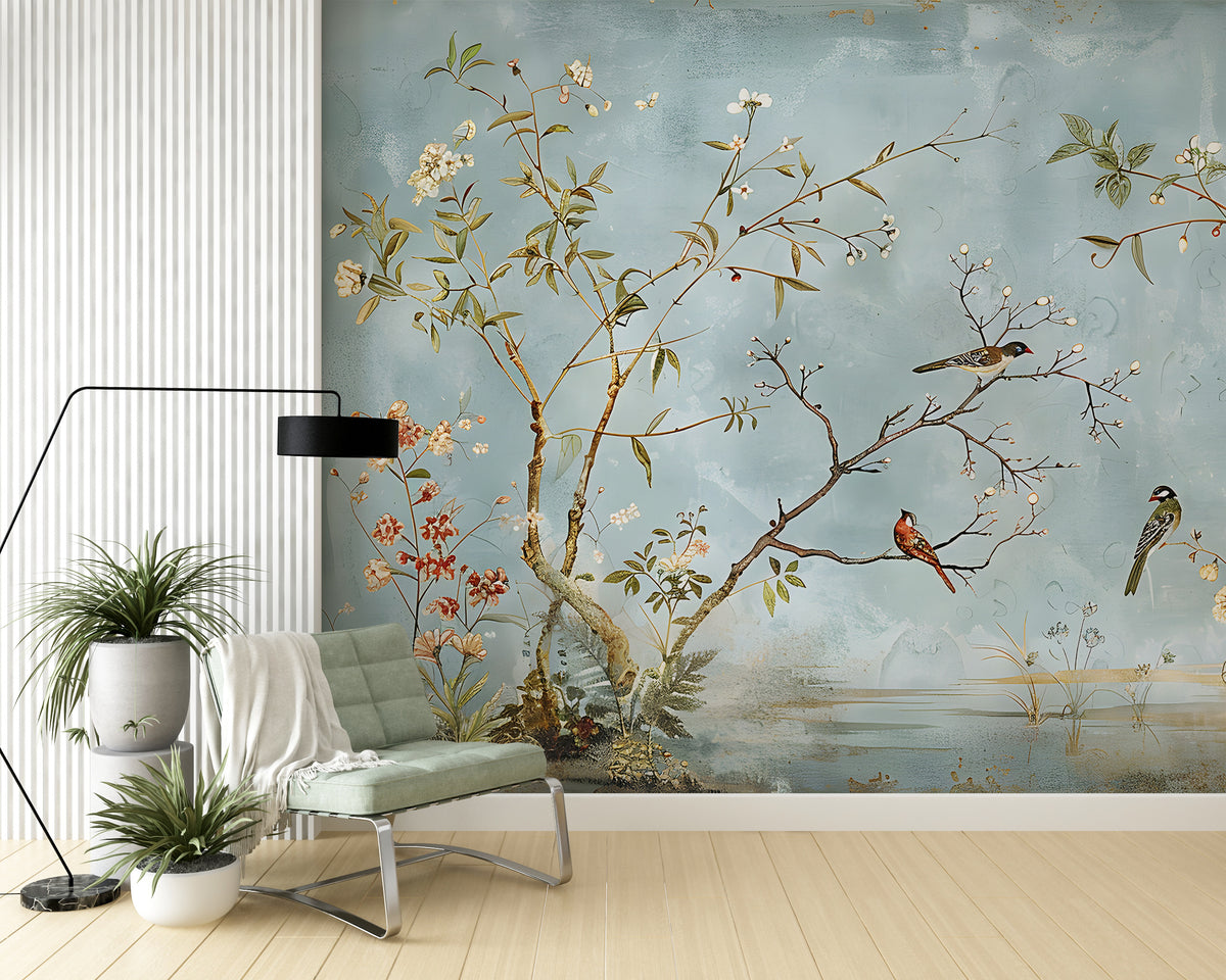 Light Blue Chinoiserie Mural - Birds on Trees Removable Wallpaper