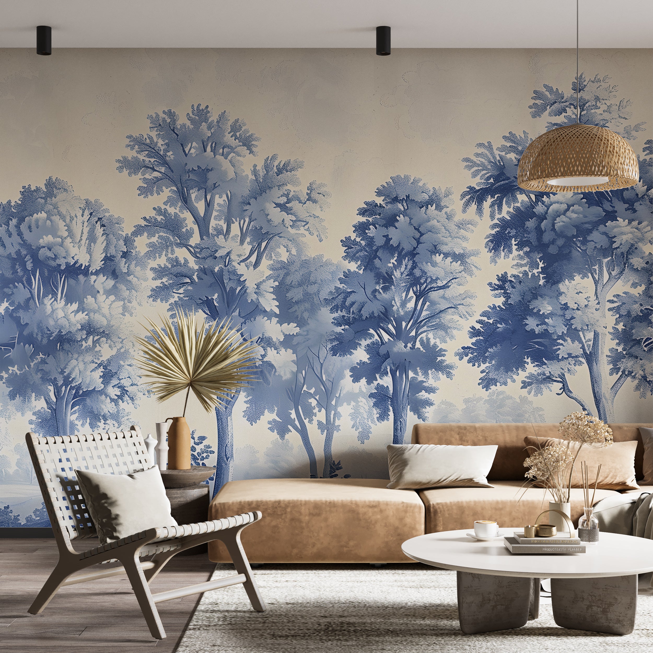 Blue Monochrome Trees Toile de Jouy Wallpaper Traditional French Landscape Peel and Stick Mural