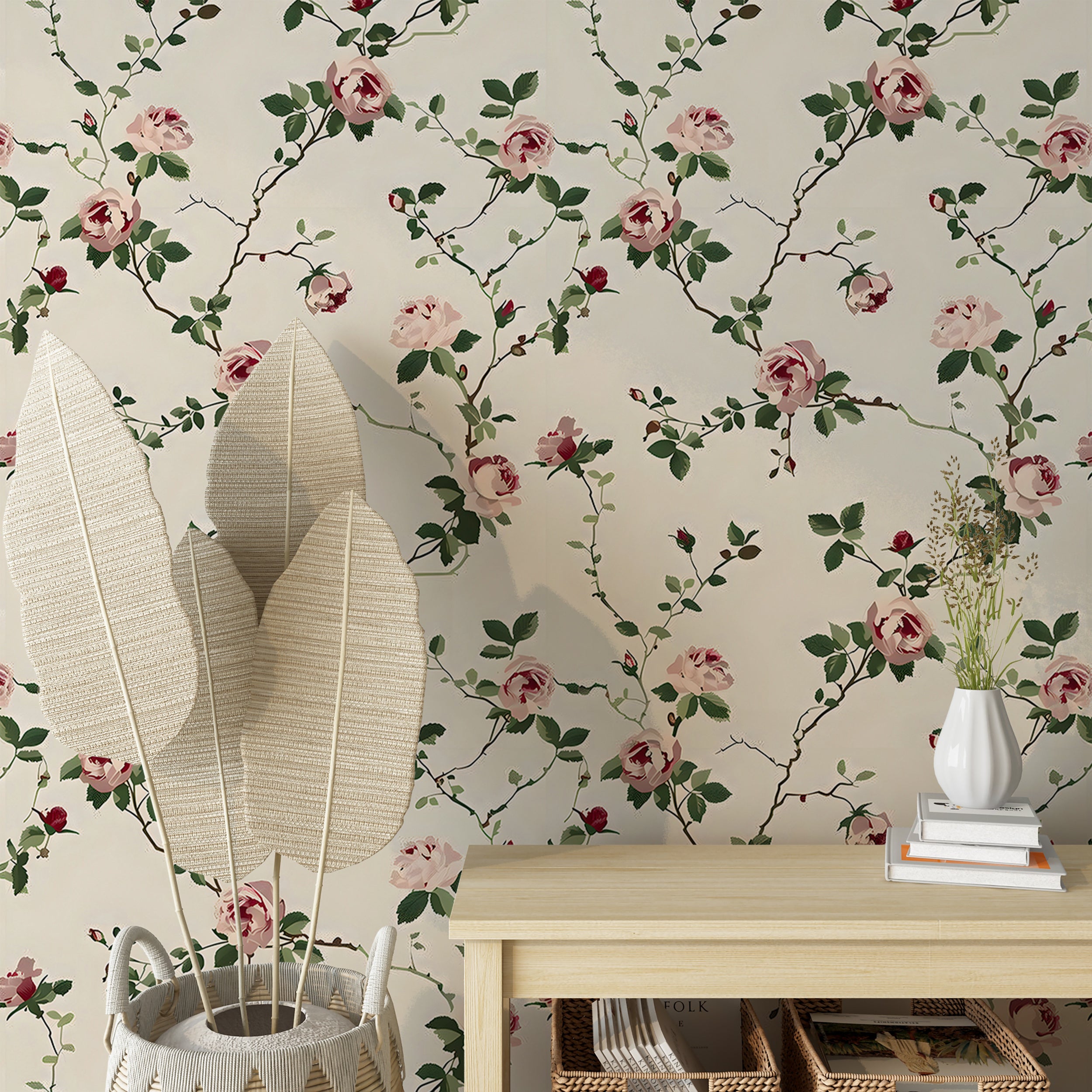 Removable Botanical Wallpaper Decal Soft Pink Roses Wall Decor
