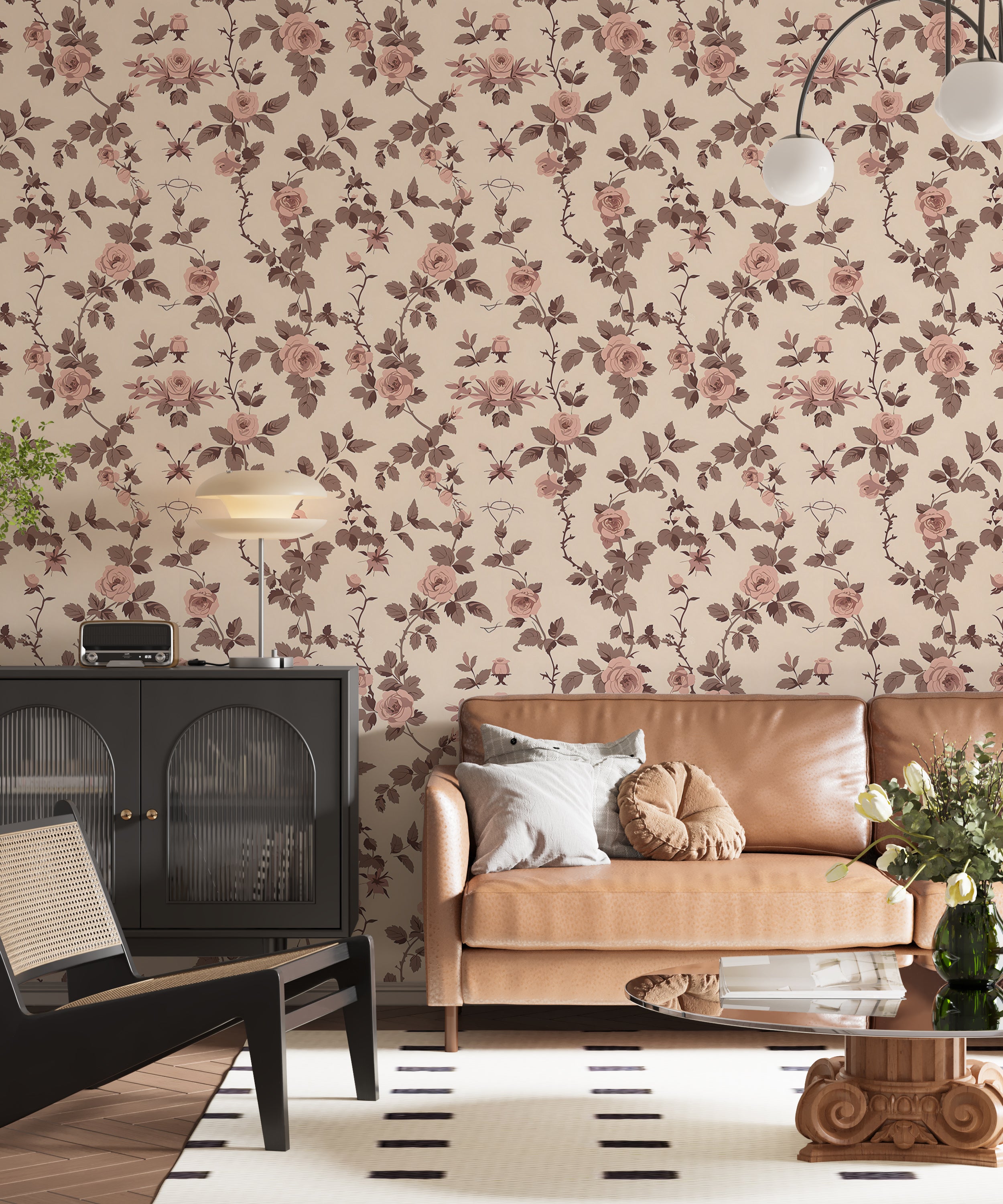 Cozy flower pattern wallpaper for a warm ambiance Removable floral wall decor in beige and brown hues