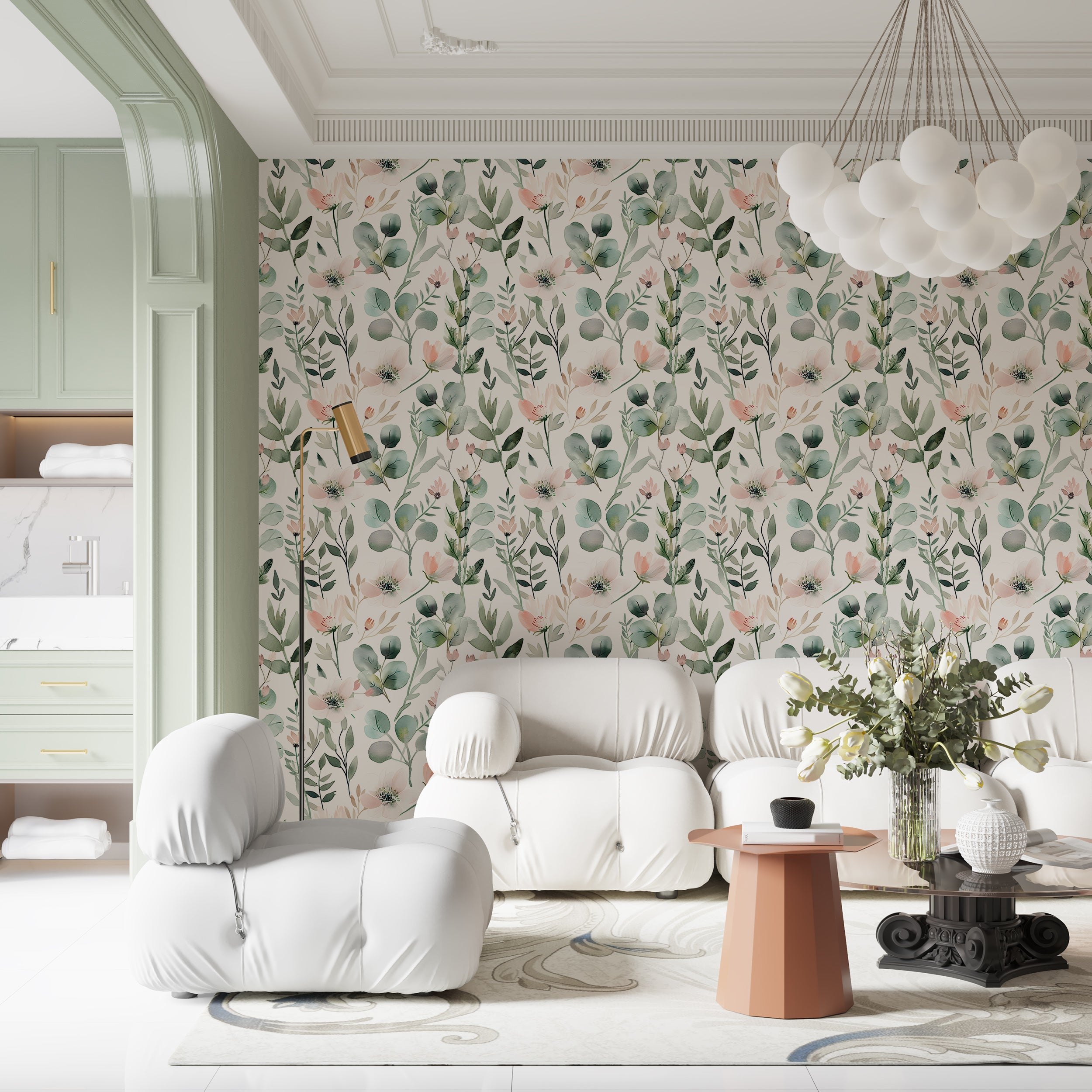 Removable botanical wallpaper with green leaves Delicate floral pattern in pastel colors