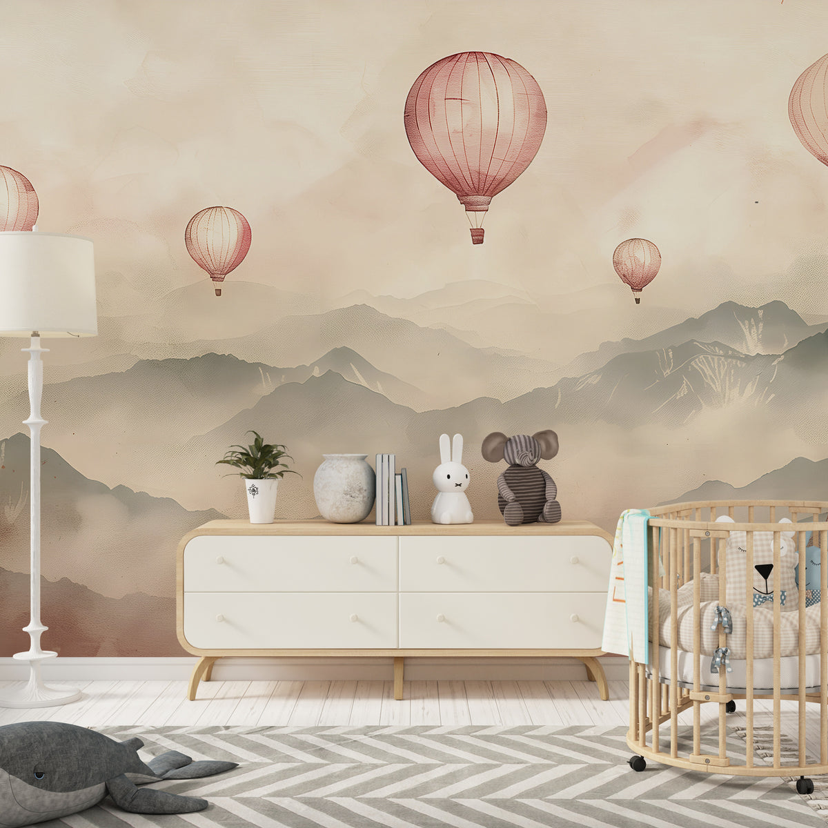 Soft Pink Hot Air Balloons Mural - Watercolor Mountain Wallpaper