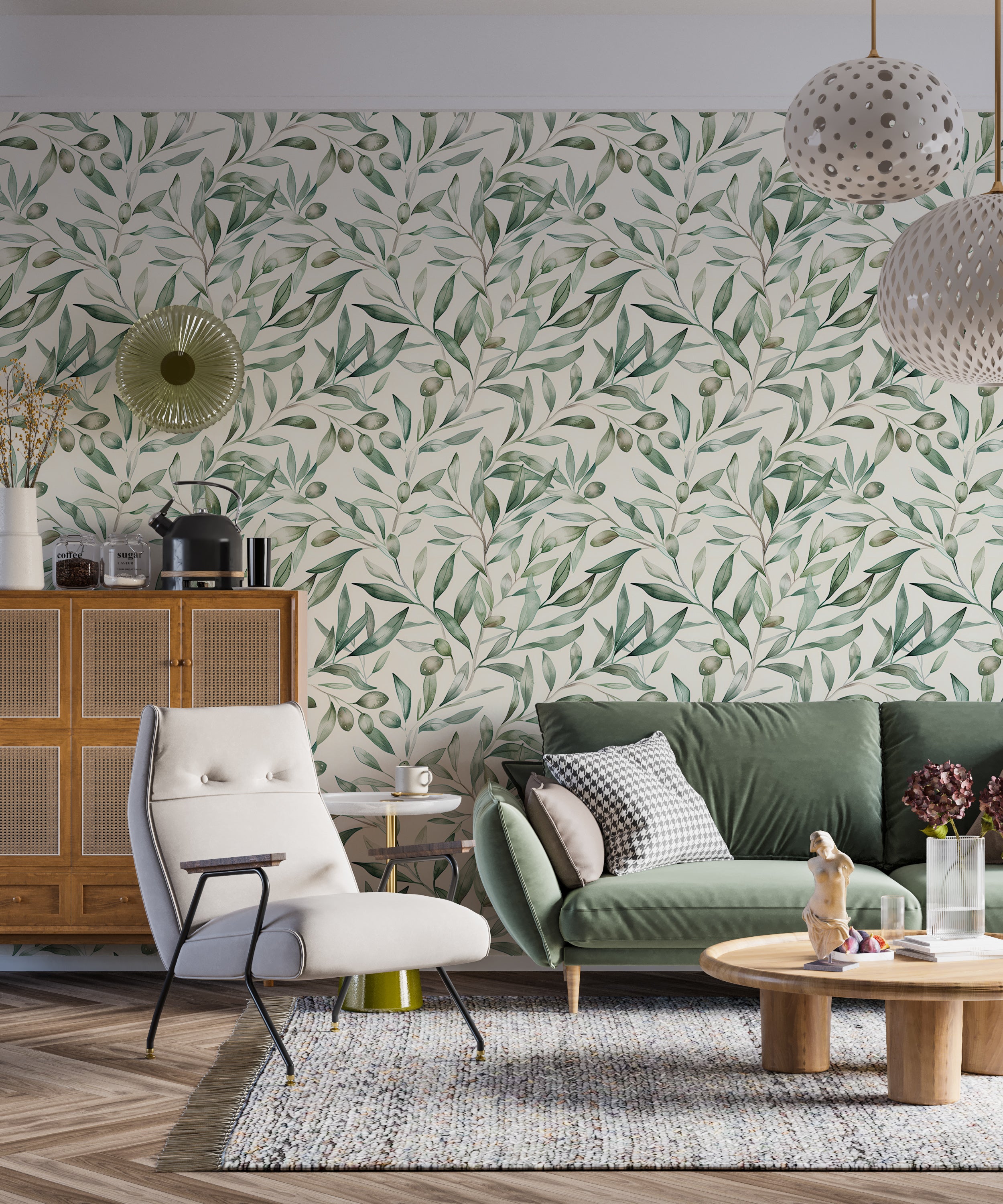Botanical peel and stick wall art Removable muted green wallpaper