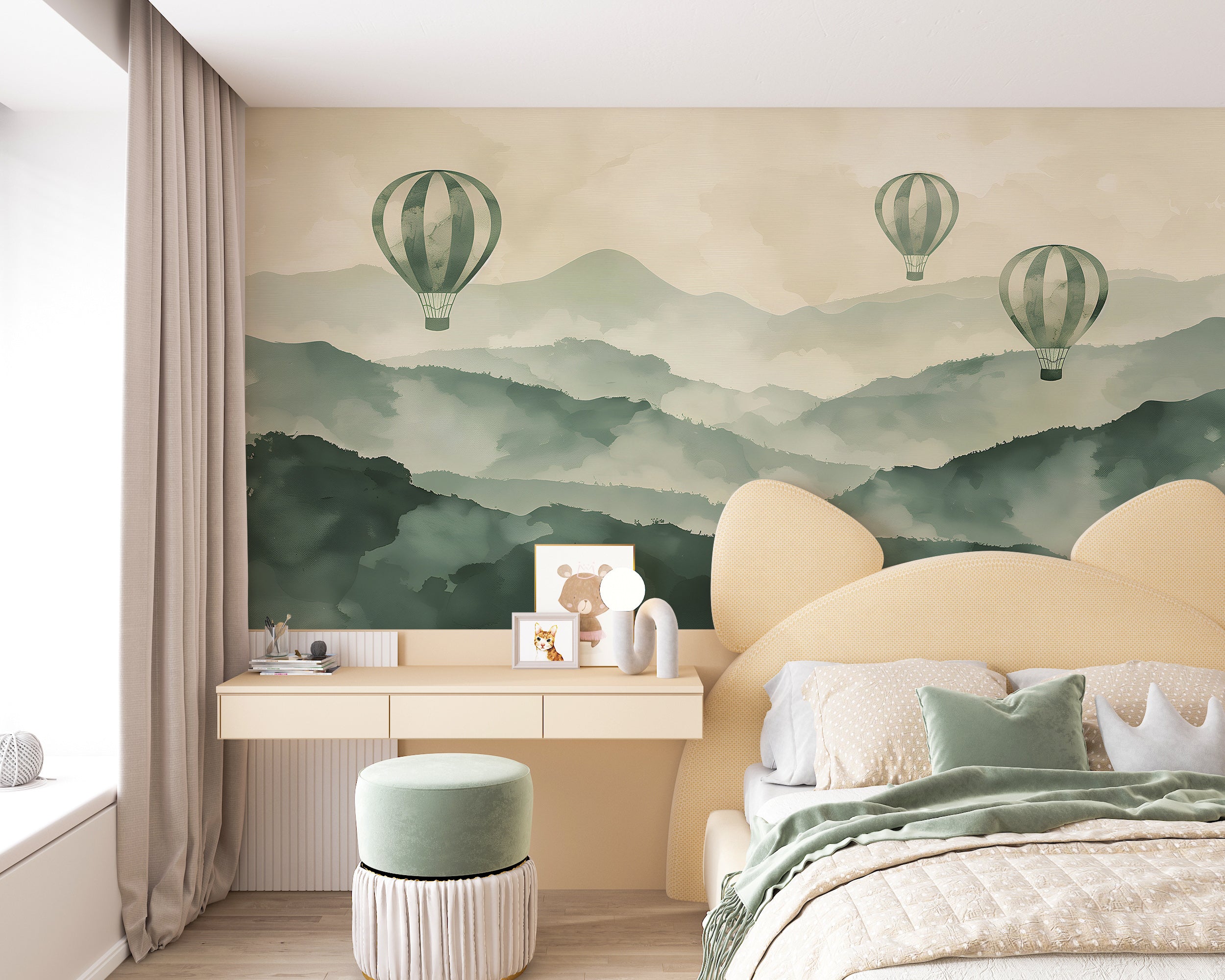 Soft green mountains mural Nursery hot air balloons wallpaper