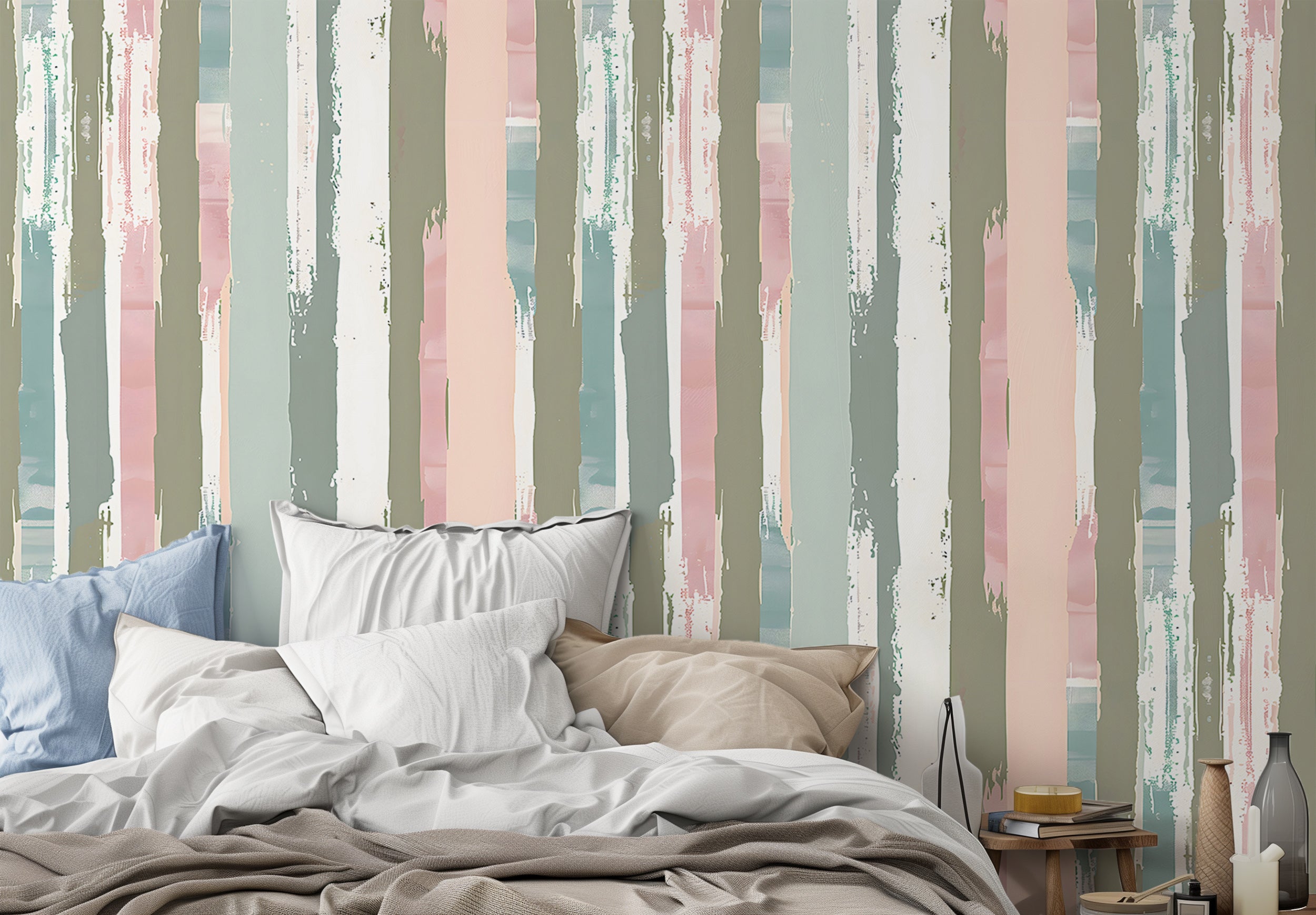 Soft green and pink striped wallpaper Peel and stick ragged stripes decor