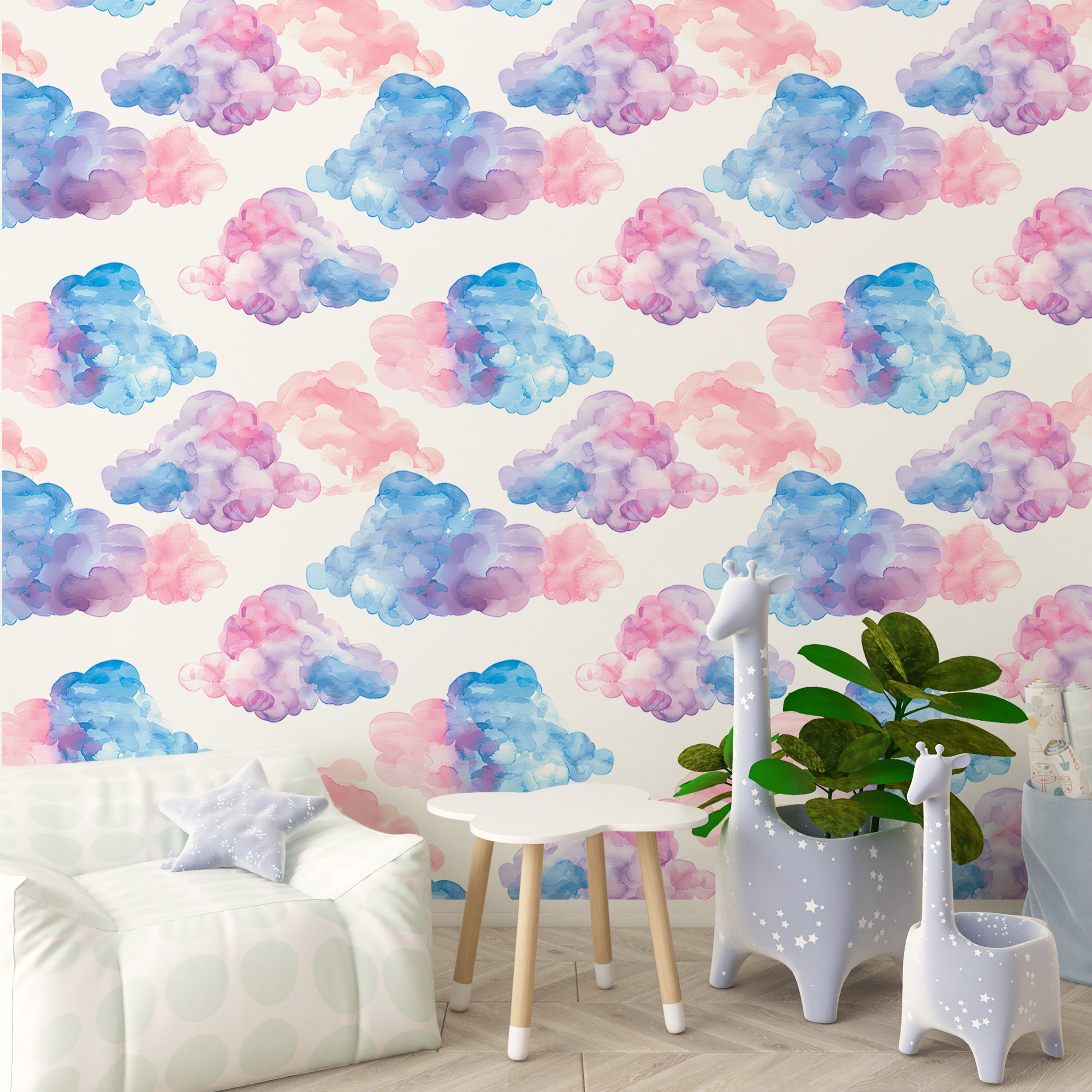 Soft pink and blue clouds wallpaper Nursery pastel colors clouds wall decor
