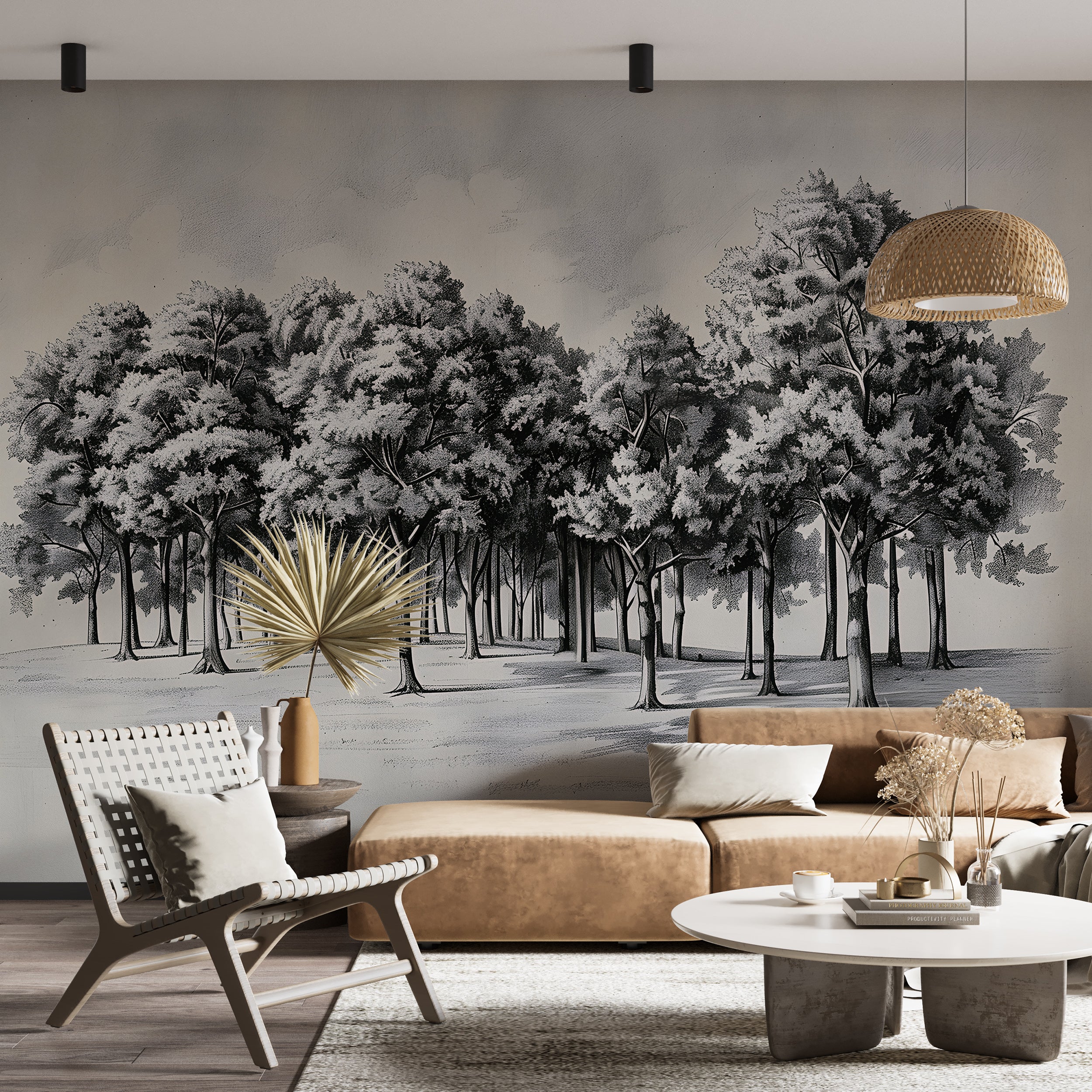 Black and white trees wall mural Pencil drawing tree wallpaper