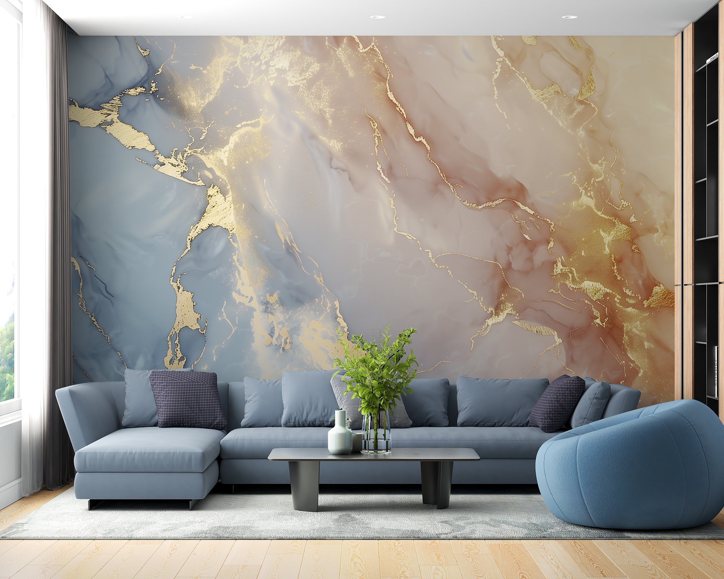 Blue orange gold marble wallpaper Abstract accent wall mural