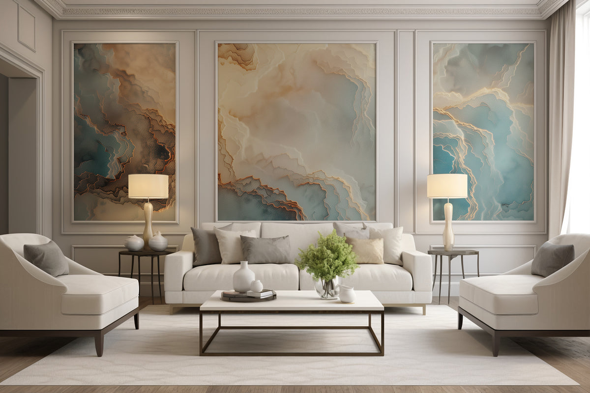 Blue Beige and Gold Marble Mural - Leather Style Texture Marble Wallpaper
