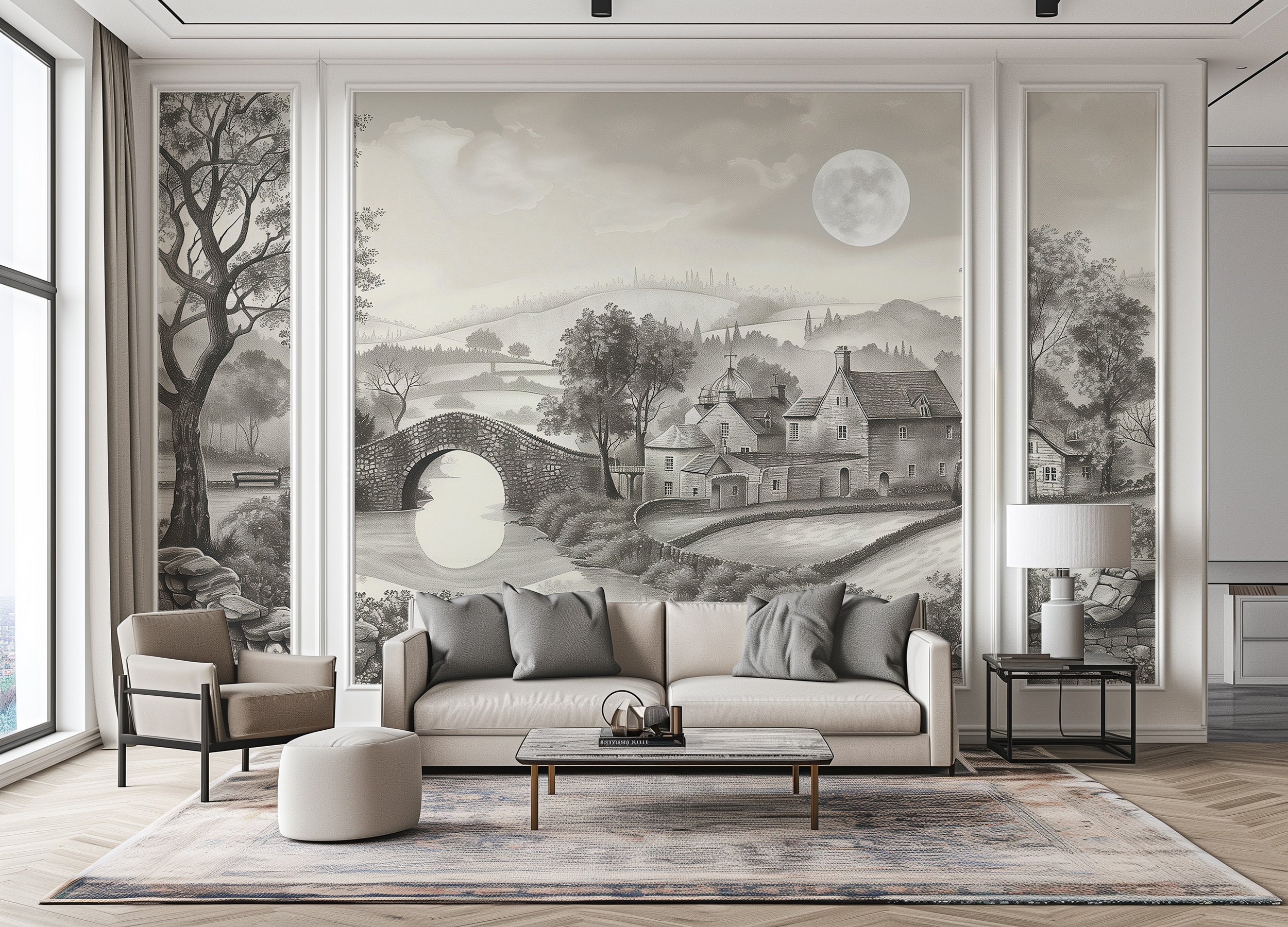 Countryside landscape wall mural Grey monochrome scenic wallpaper