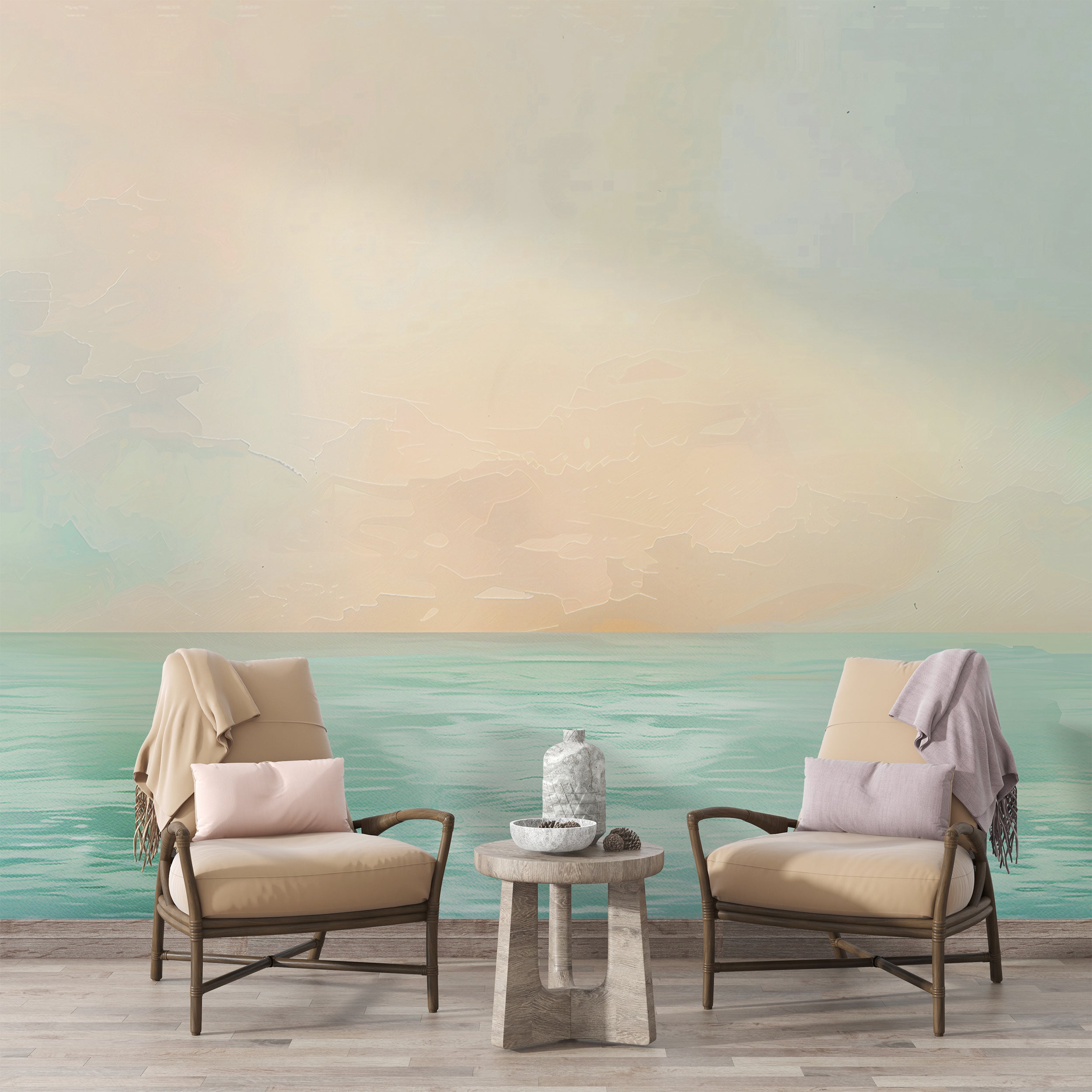 Removable ocean painting wallpaper pastel hues Peel and stick sea painting wall art