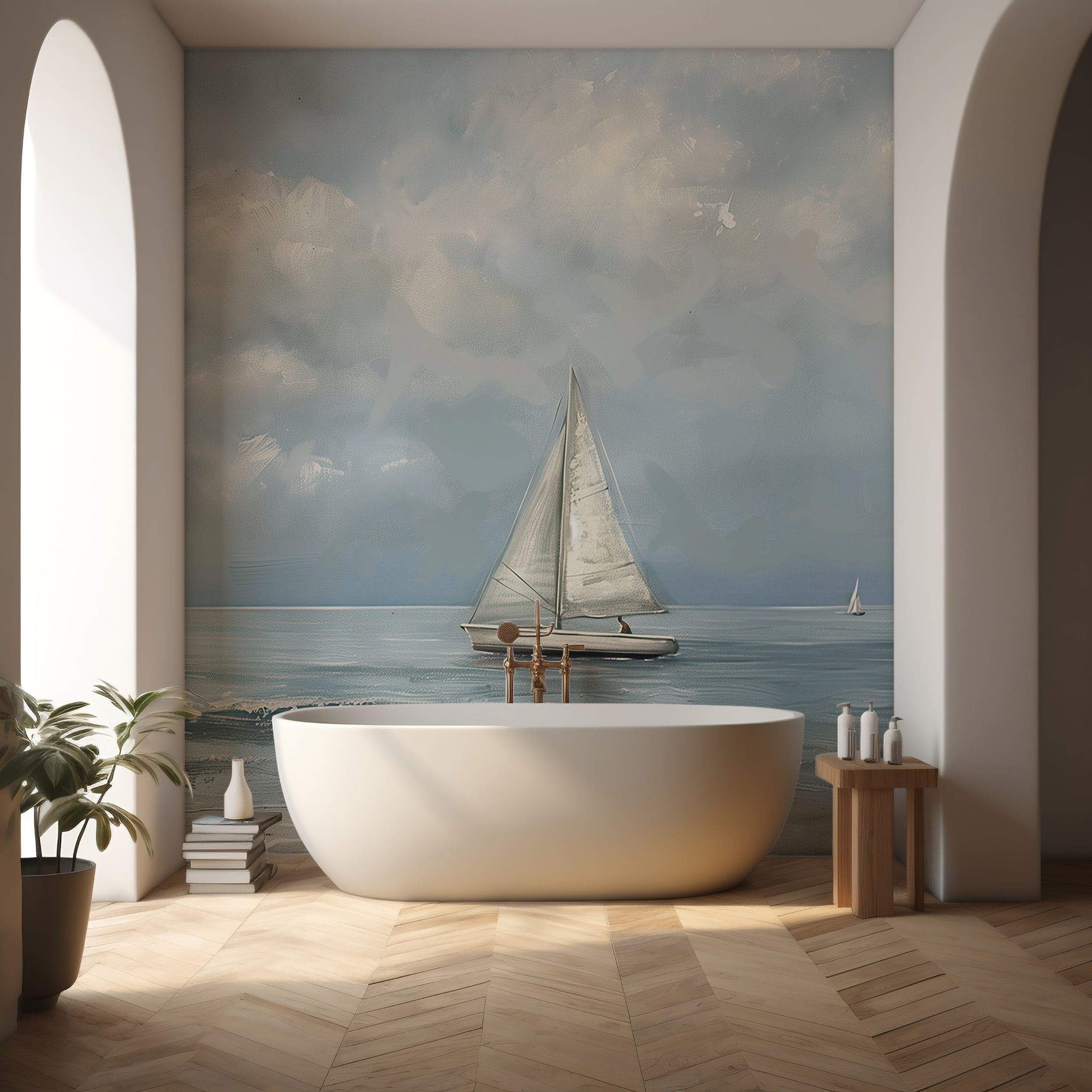 Peel and stick sailboat ocean mural Removable cloudy ocean wall decor