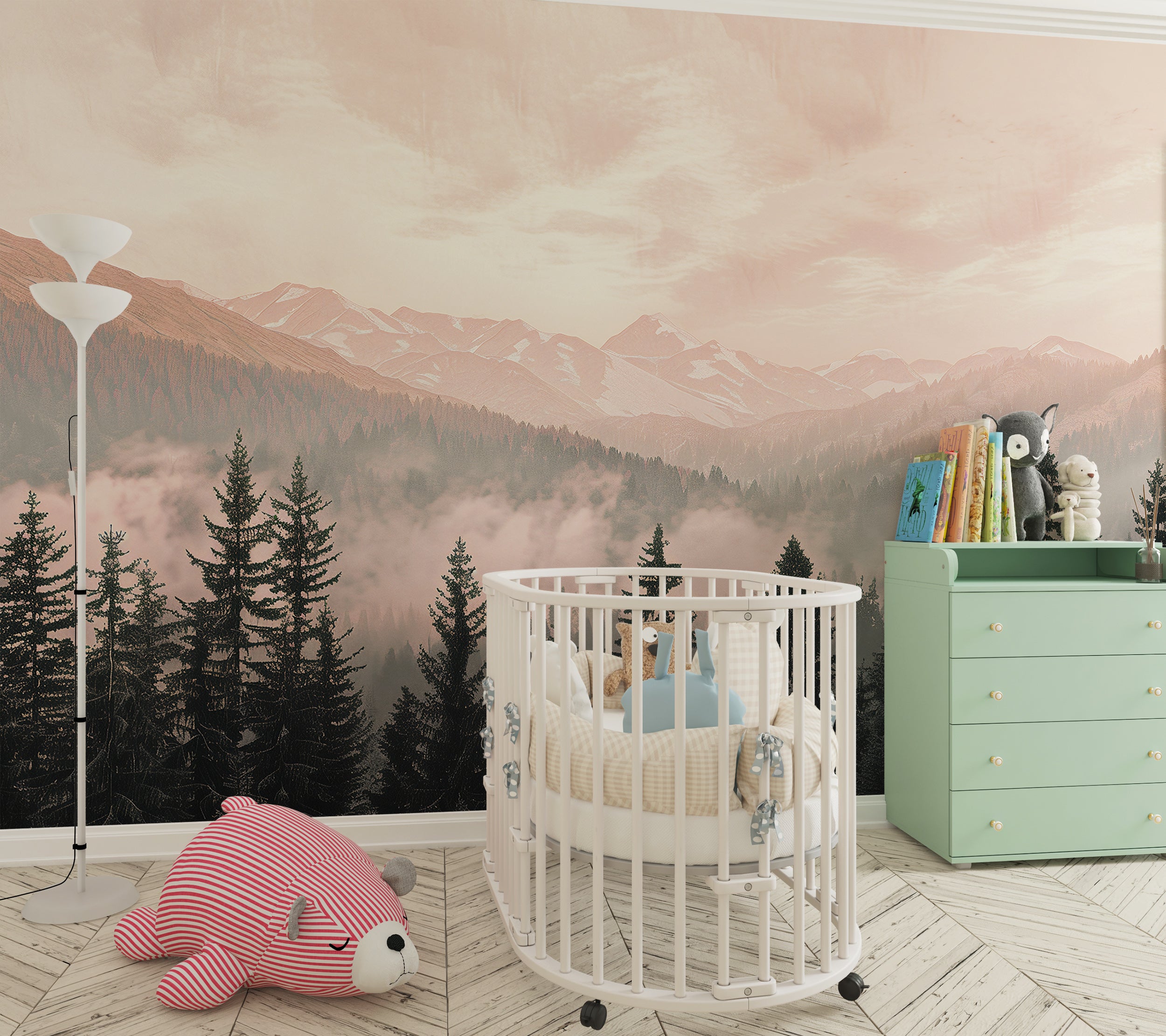 Soft pink mountain nursery decor