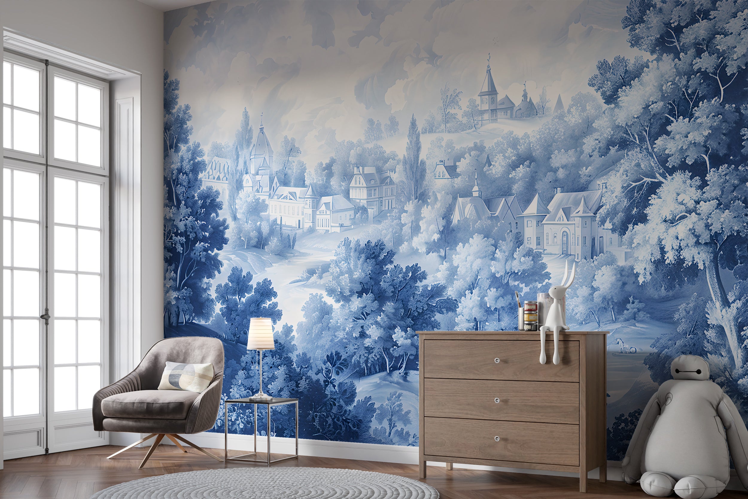 Vintage French landscape wall mural Classic blue scenic wallpaper mural