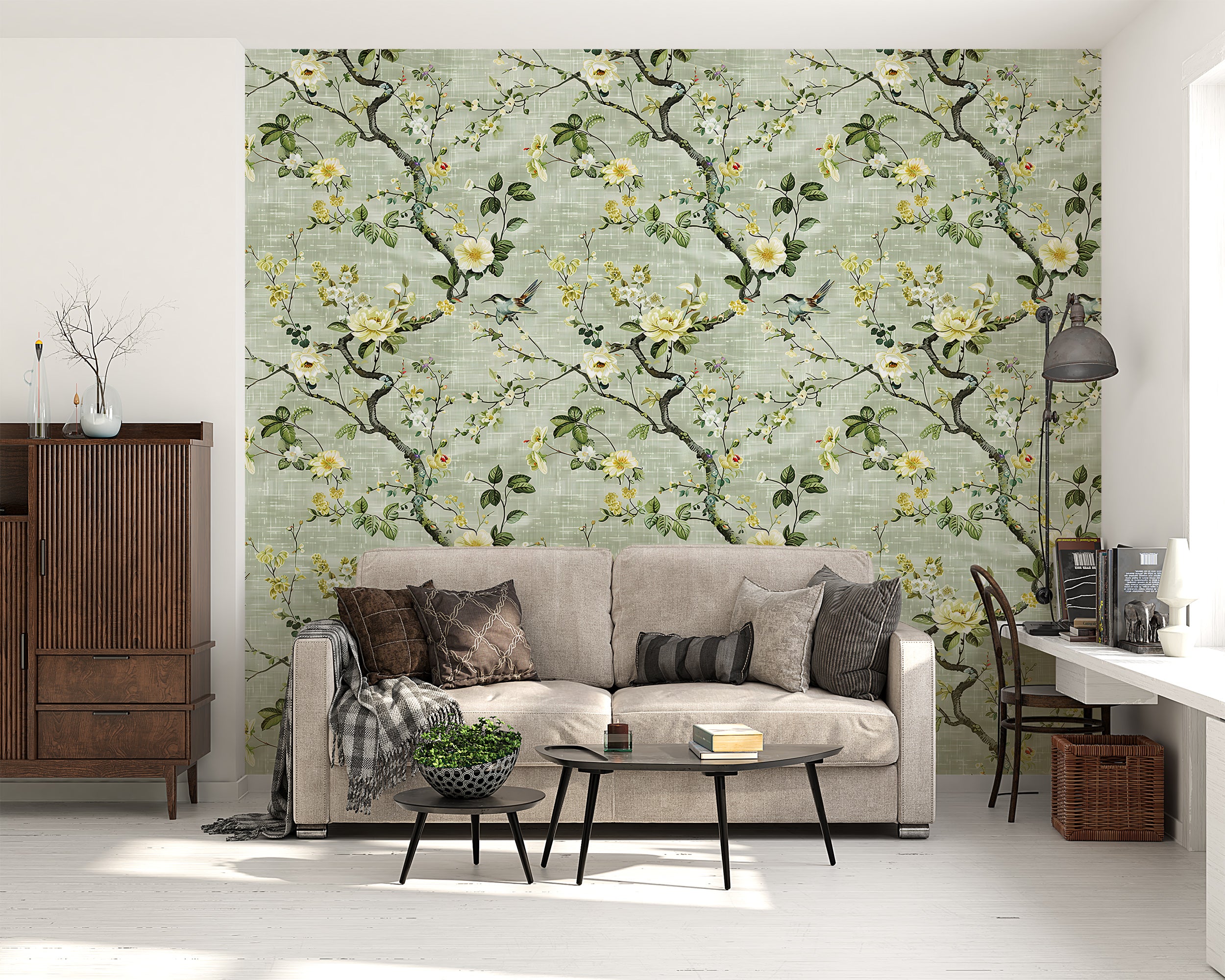 Elegant light green floral wall decor Classic chinoiserie style wallpaper