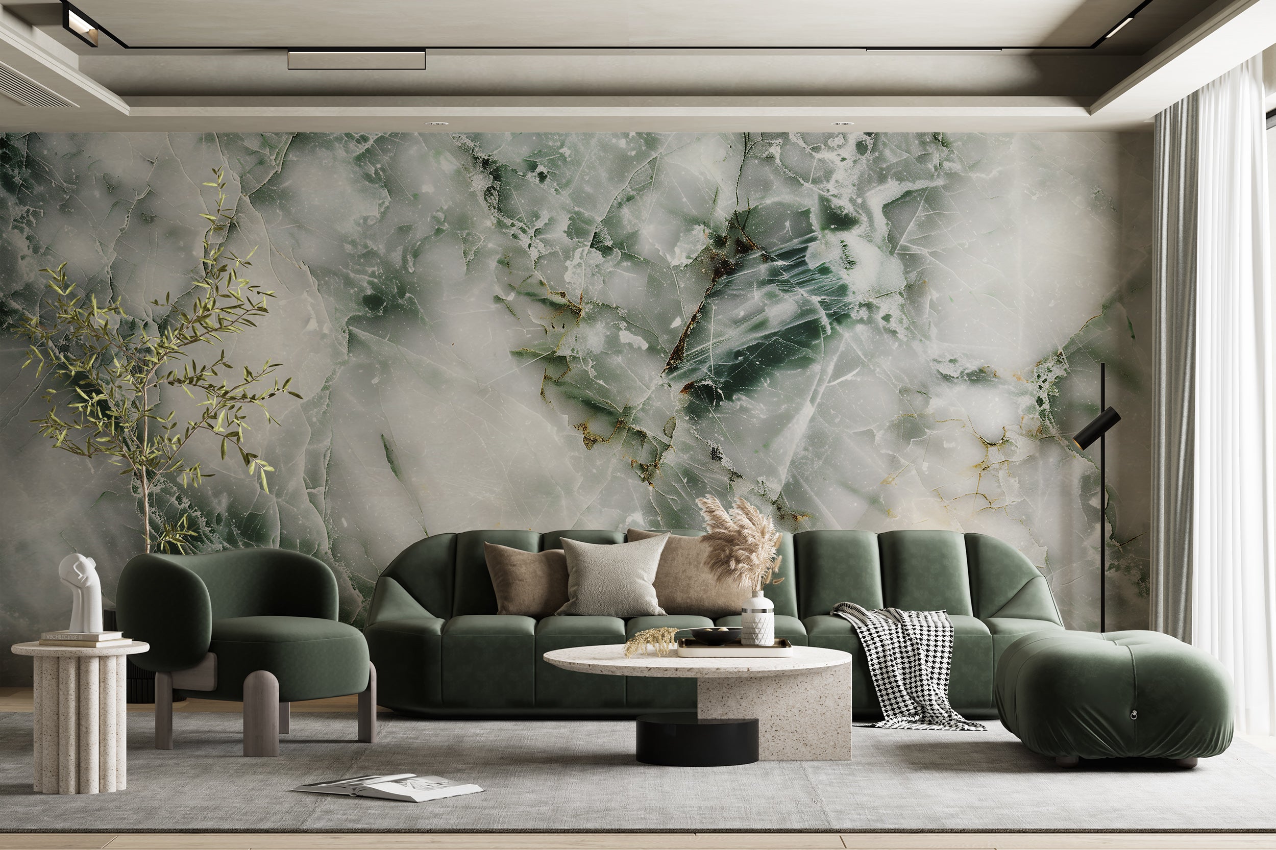 Green veined white marble wallpaper Easy apply natural marble wall covering