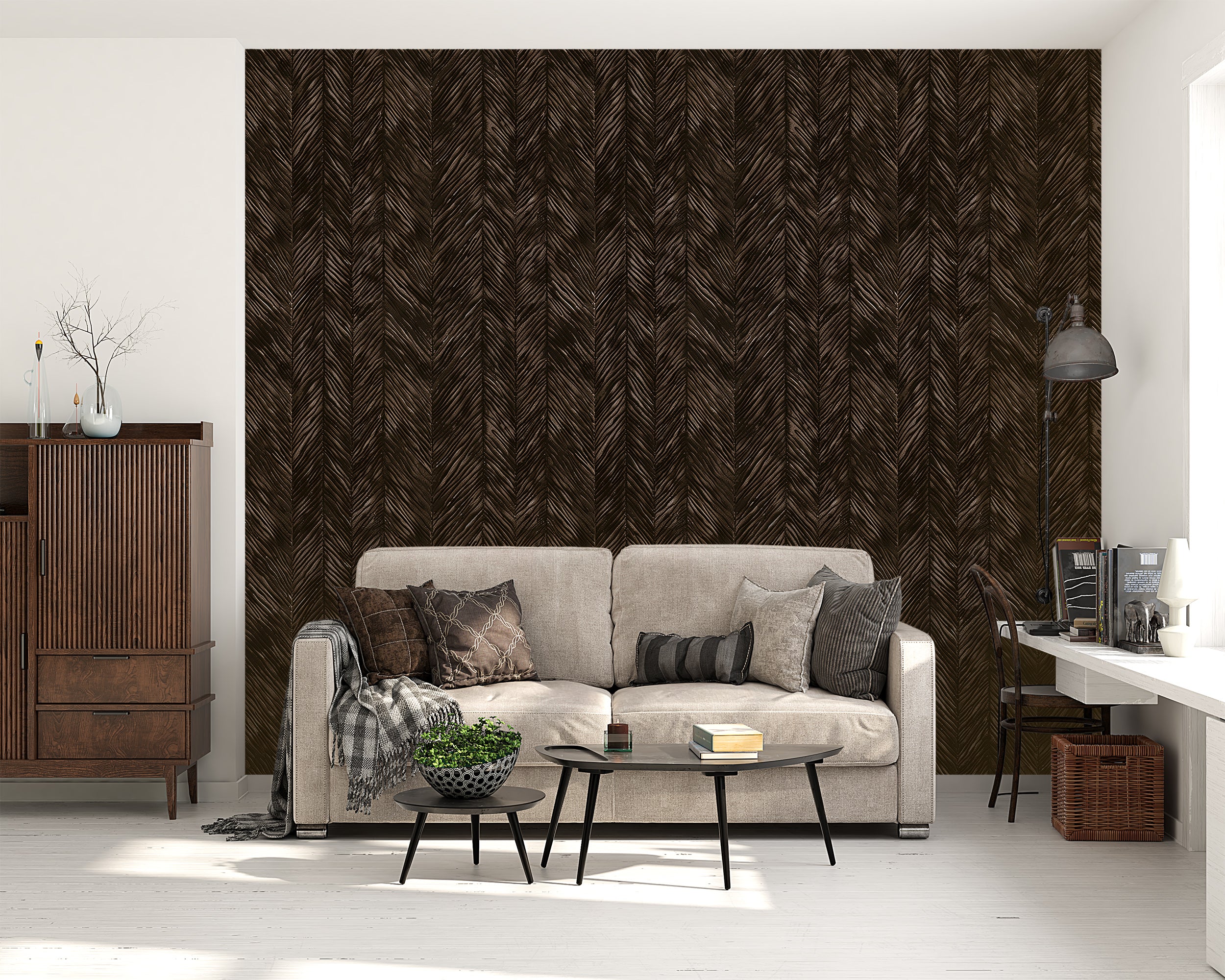 Removable rich brown herringbone wallpaper