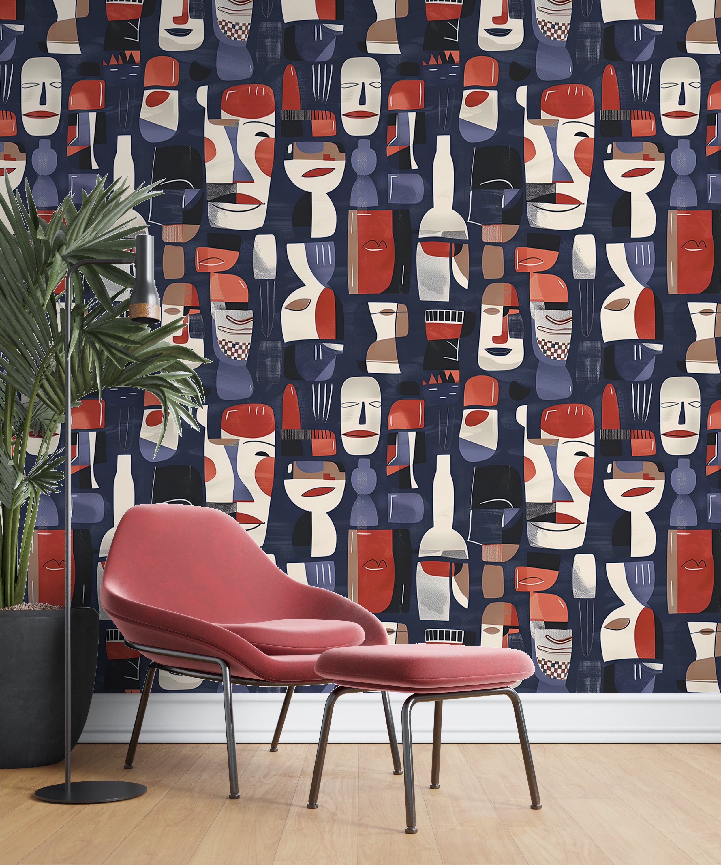 Navy red cream bold geometric wallpaper Removable abstract faces and bottles wallpaper