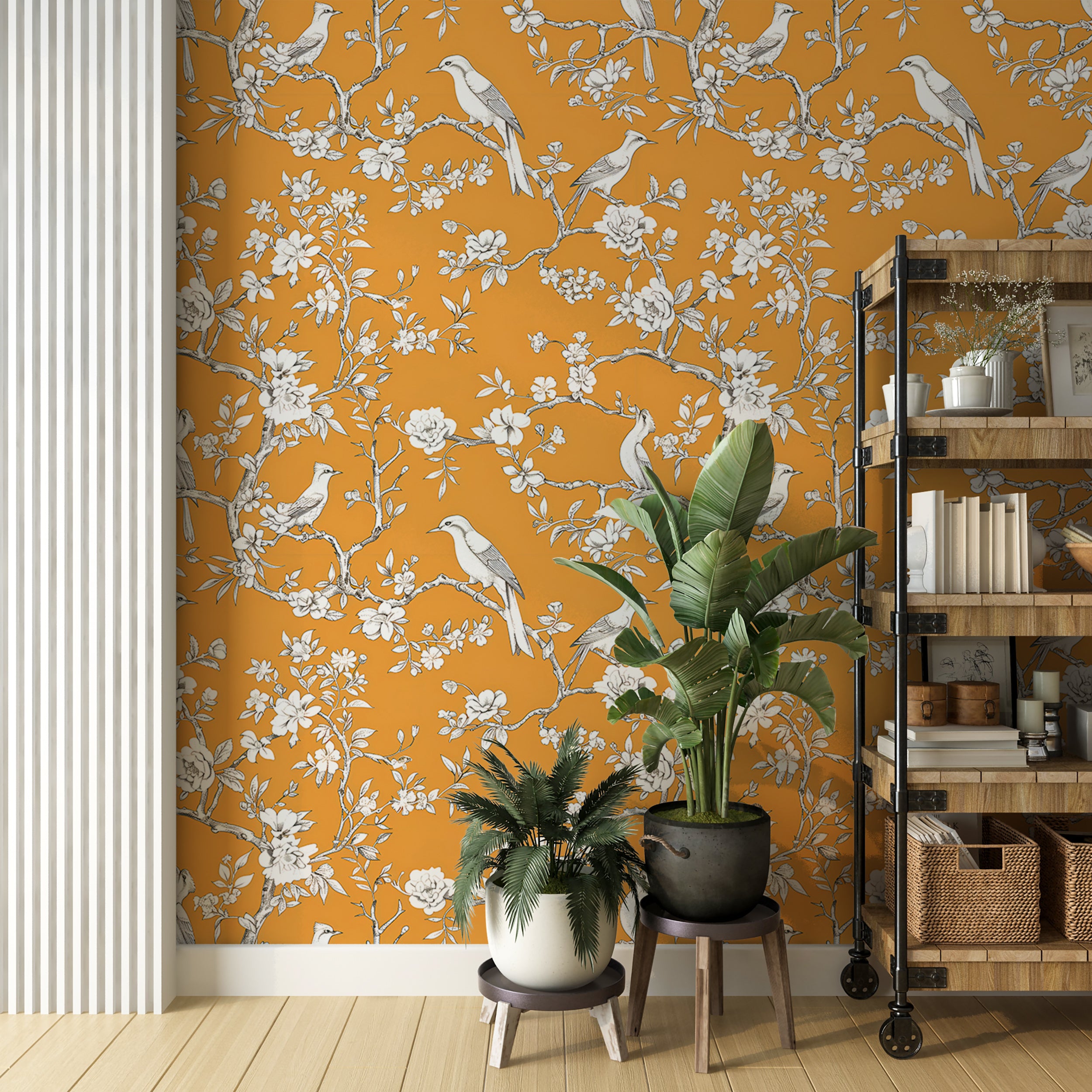 Bright orange floral peel and stick wallpaper