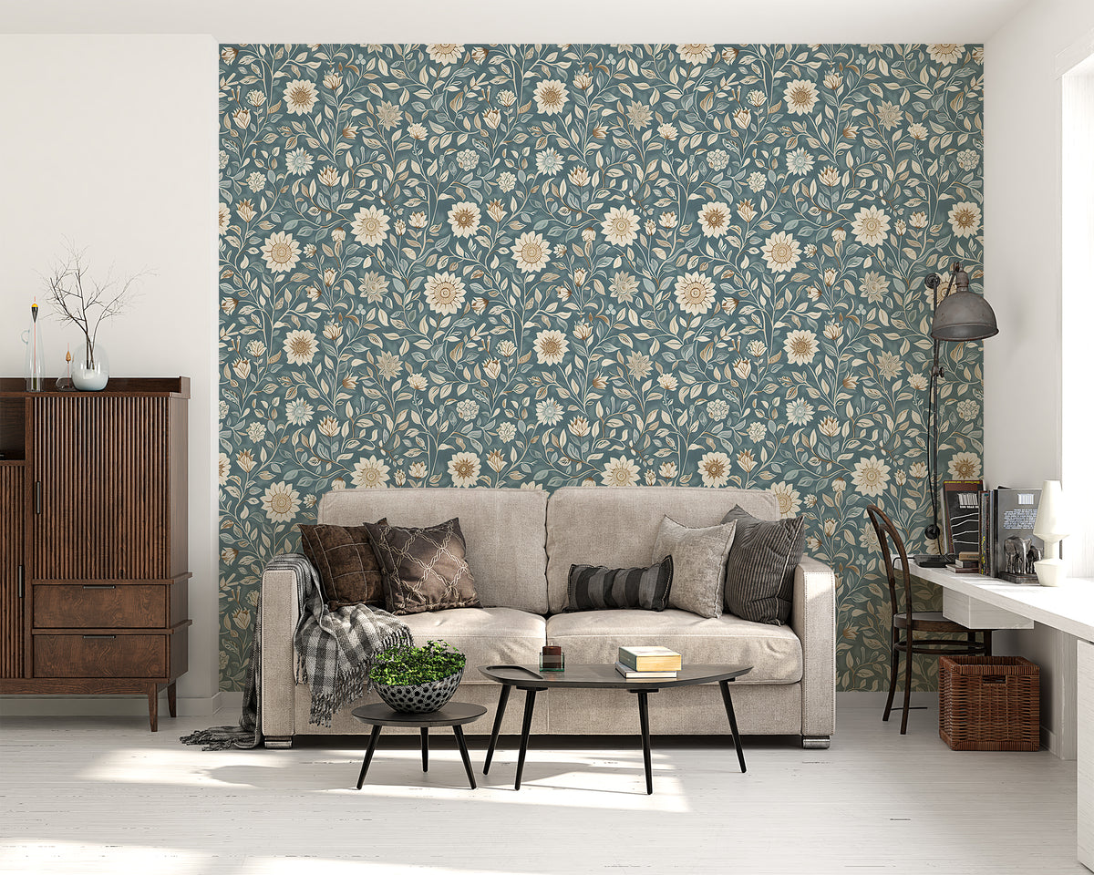 Floral Wallpaper in William Morris Style - Soft Blue Floral Wallpaper