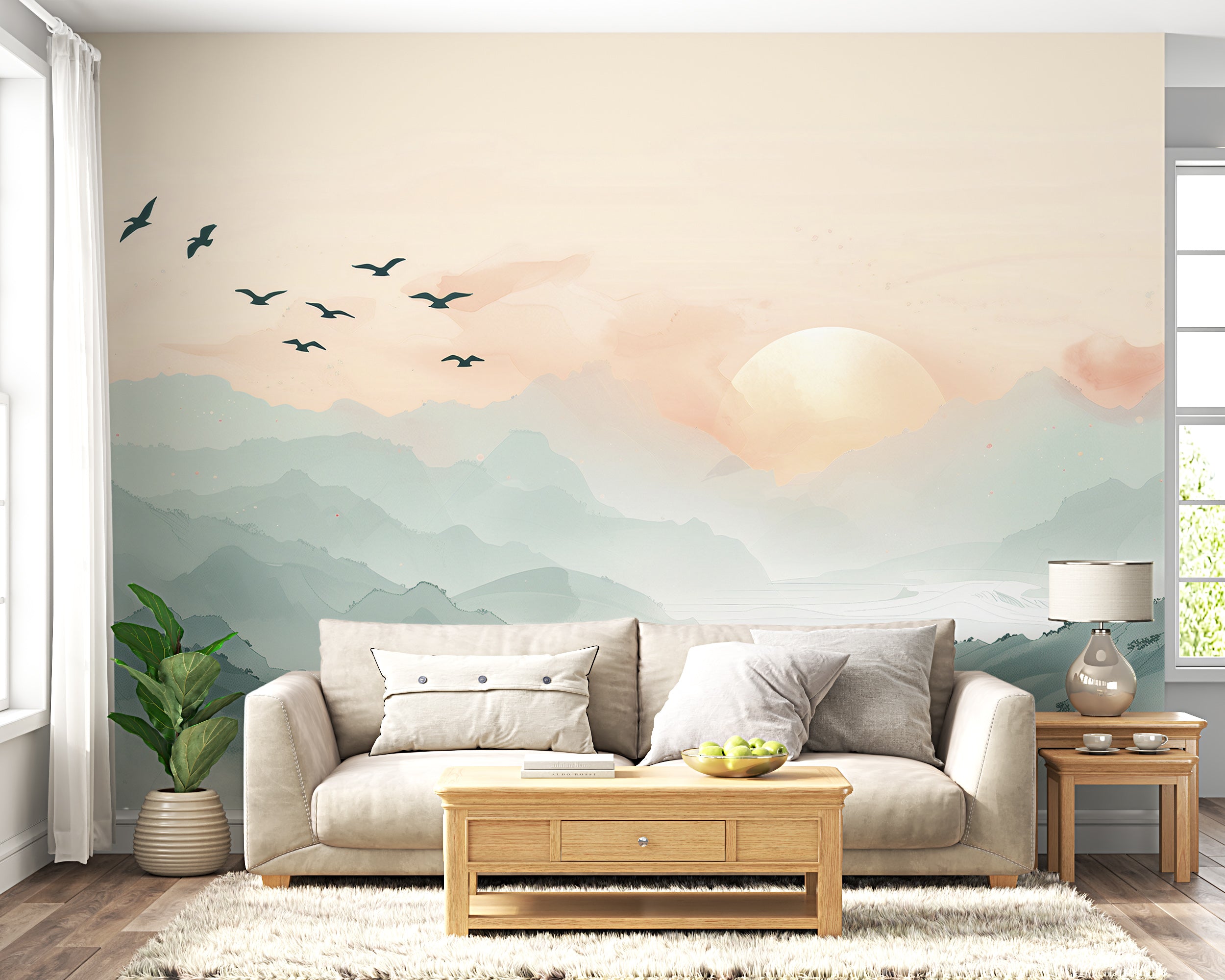 Calming nature landscape wall decor Watercolor mountain and birds nursery mural