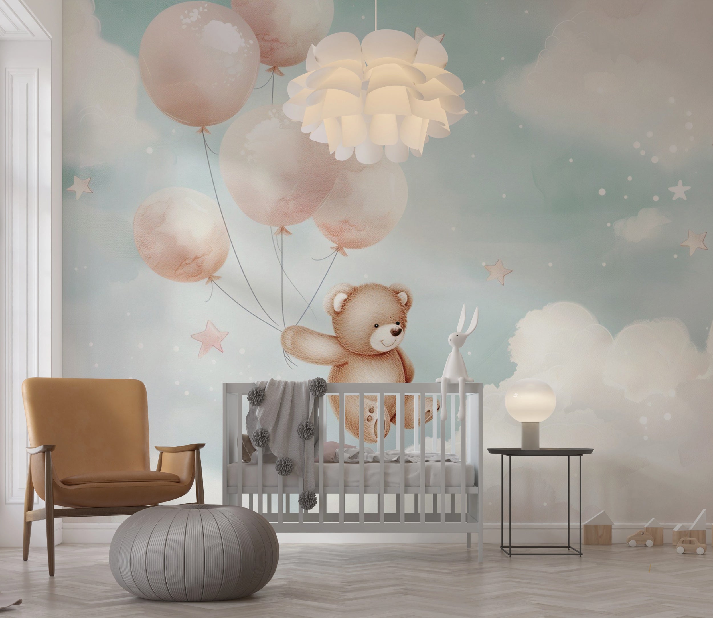 Cute bear toy nursery wall mural Pink balloons kids room wallpaper