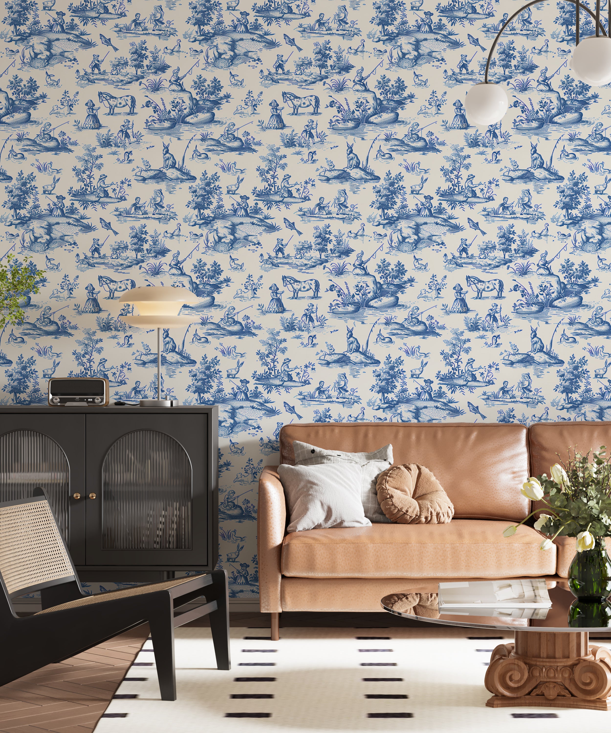 Refined blue and white wallpaper design