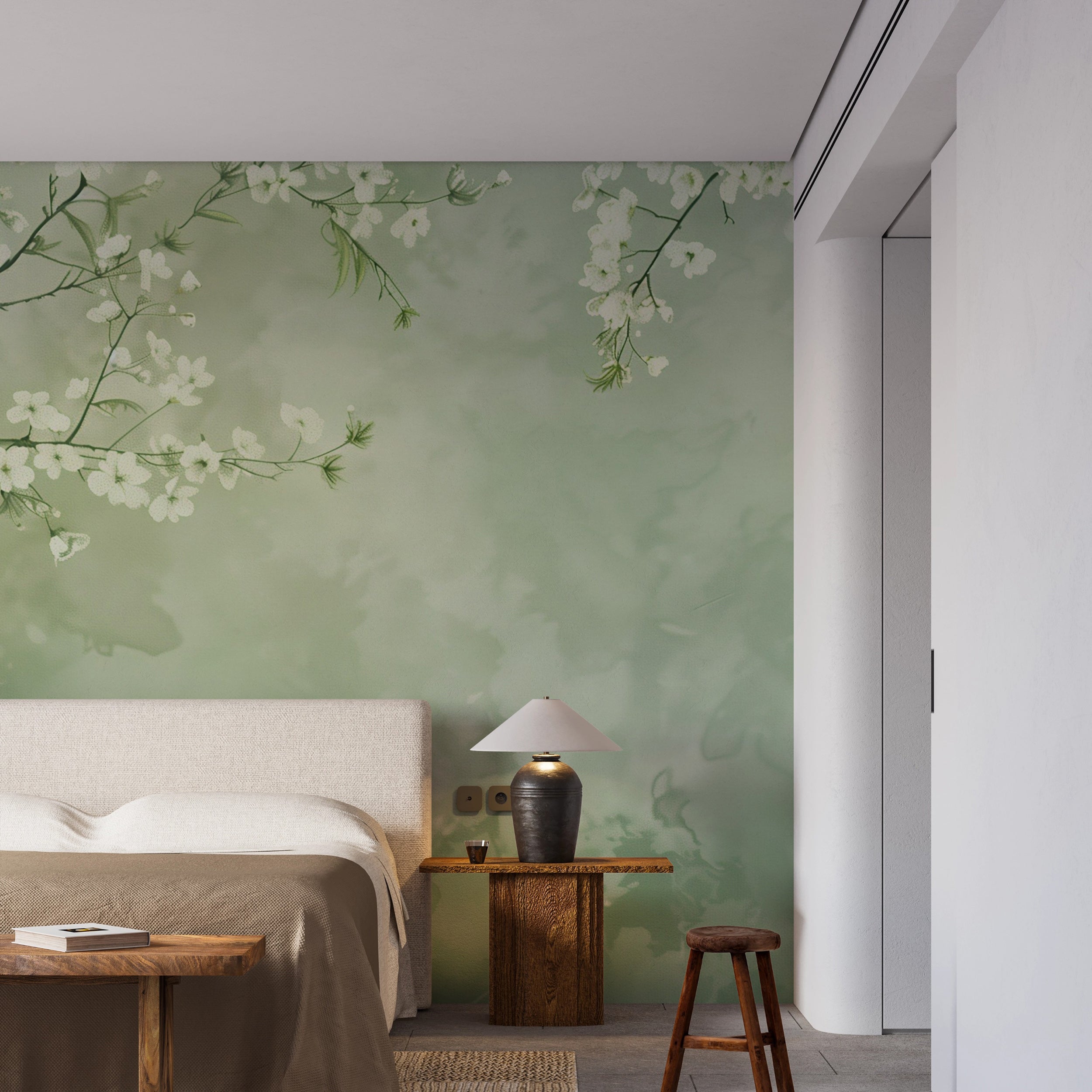 Elegant green Venetian plaster wallpaper Minimalist cherry blossom wall art