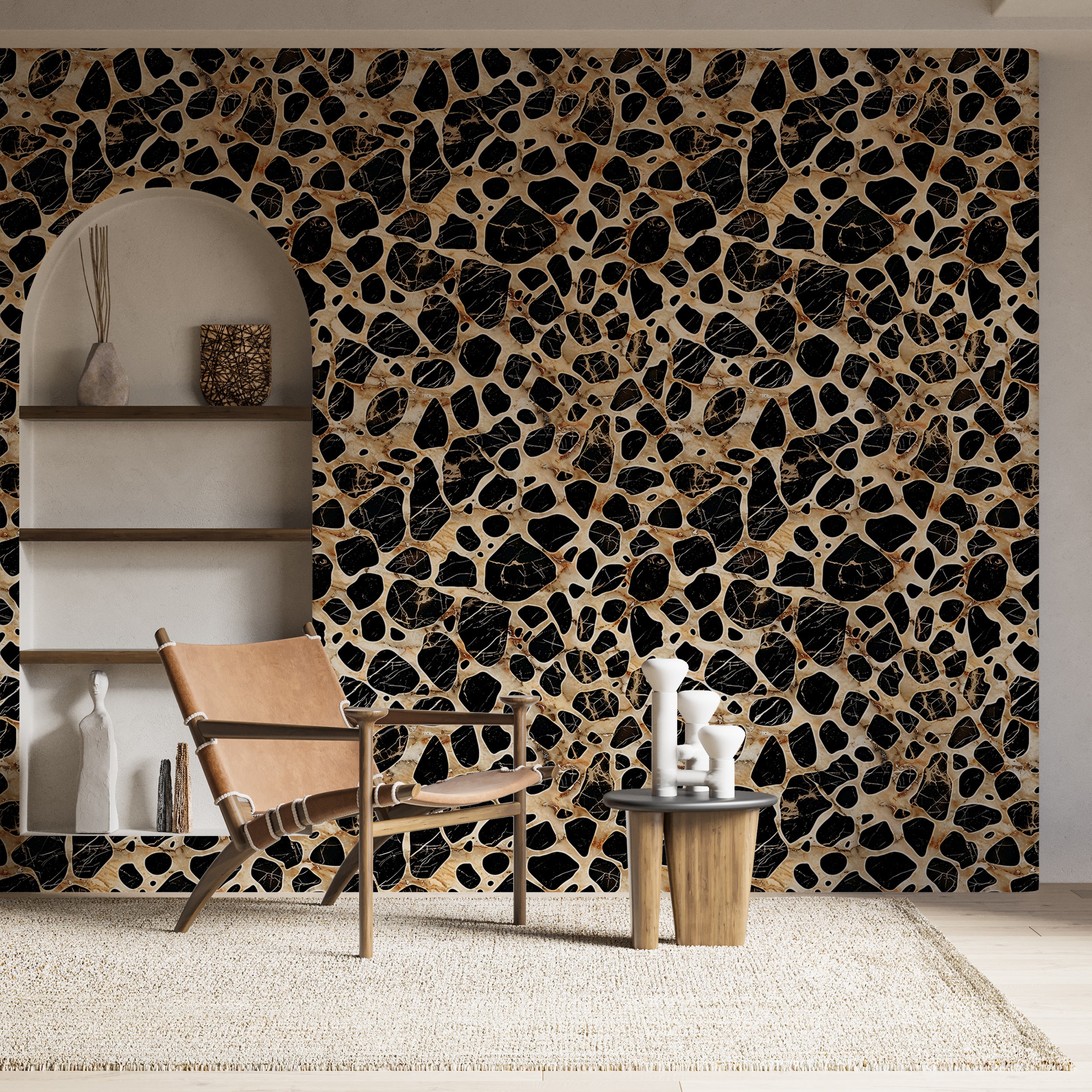 Bold black and beige leopard print wallpaper